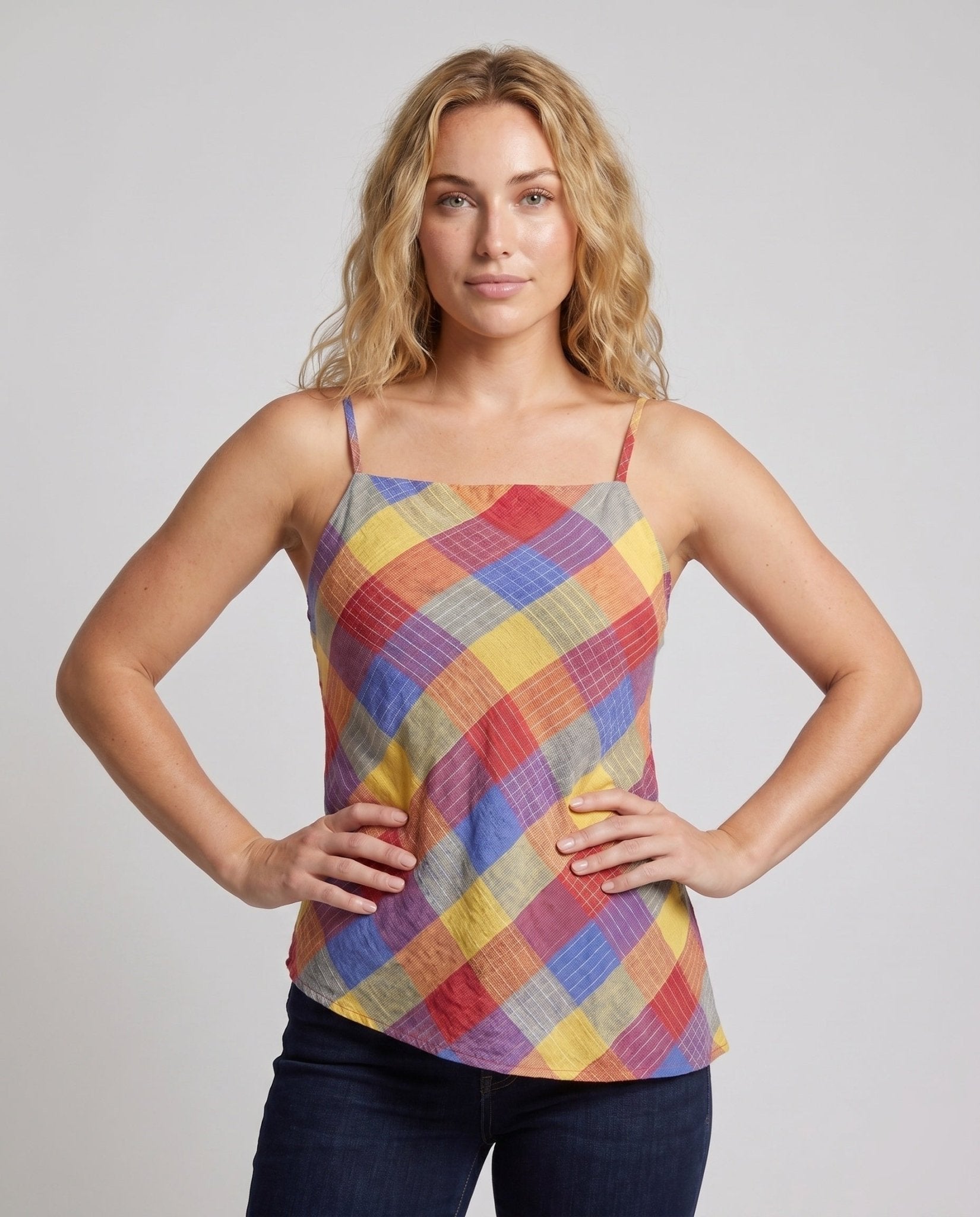 Women's asymmetrical tank top with colorful check pattern - Chichicherry