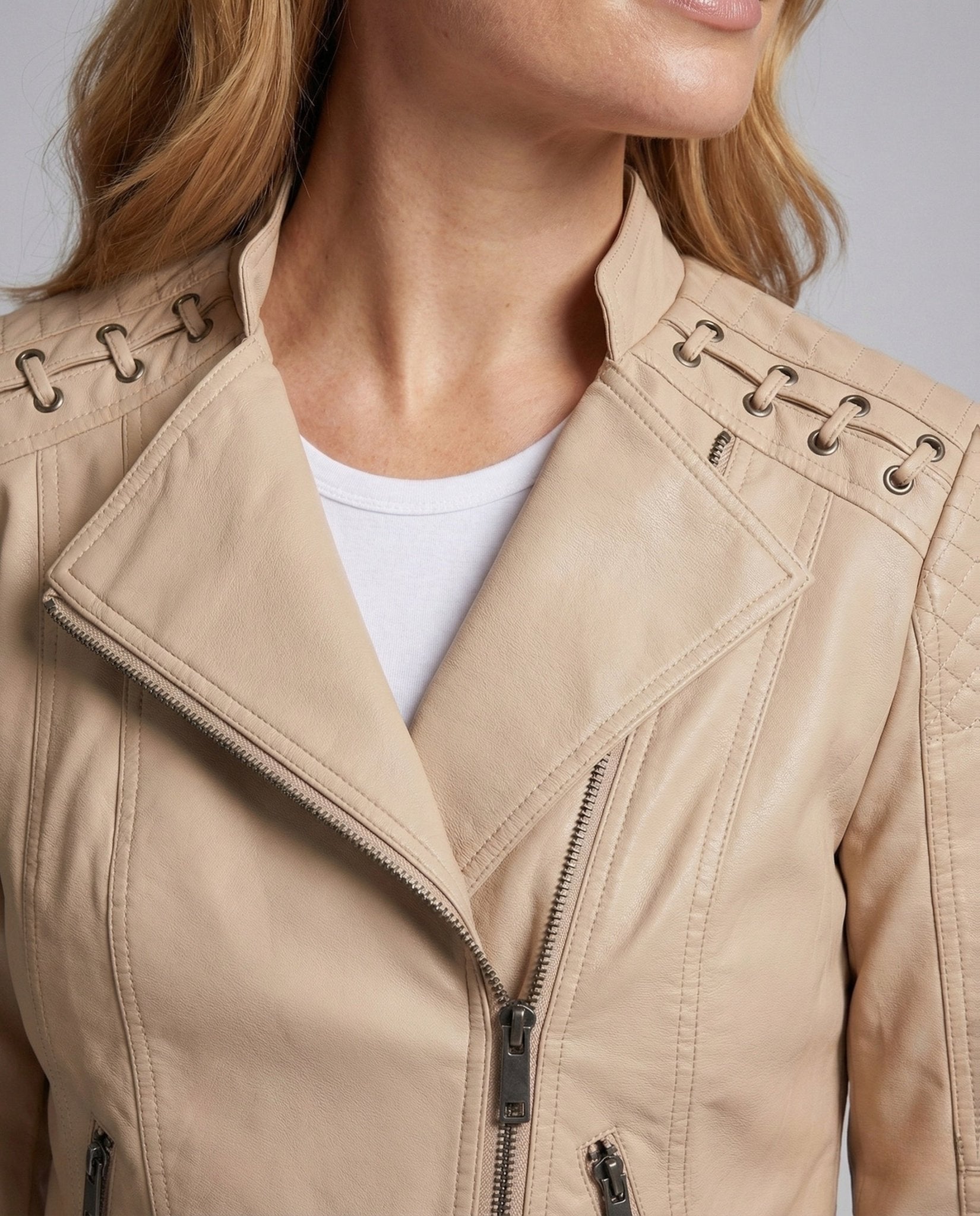 Women's Biker Jacket Faux Leather Lacing Detail - Chichicherry