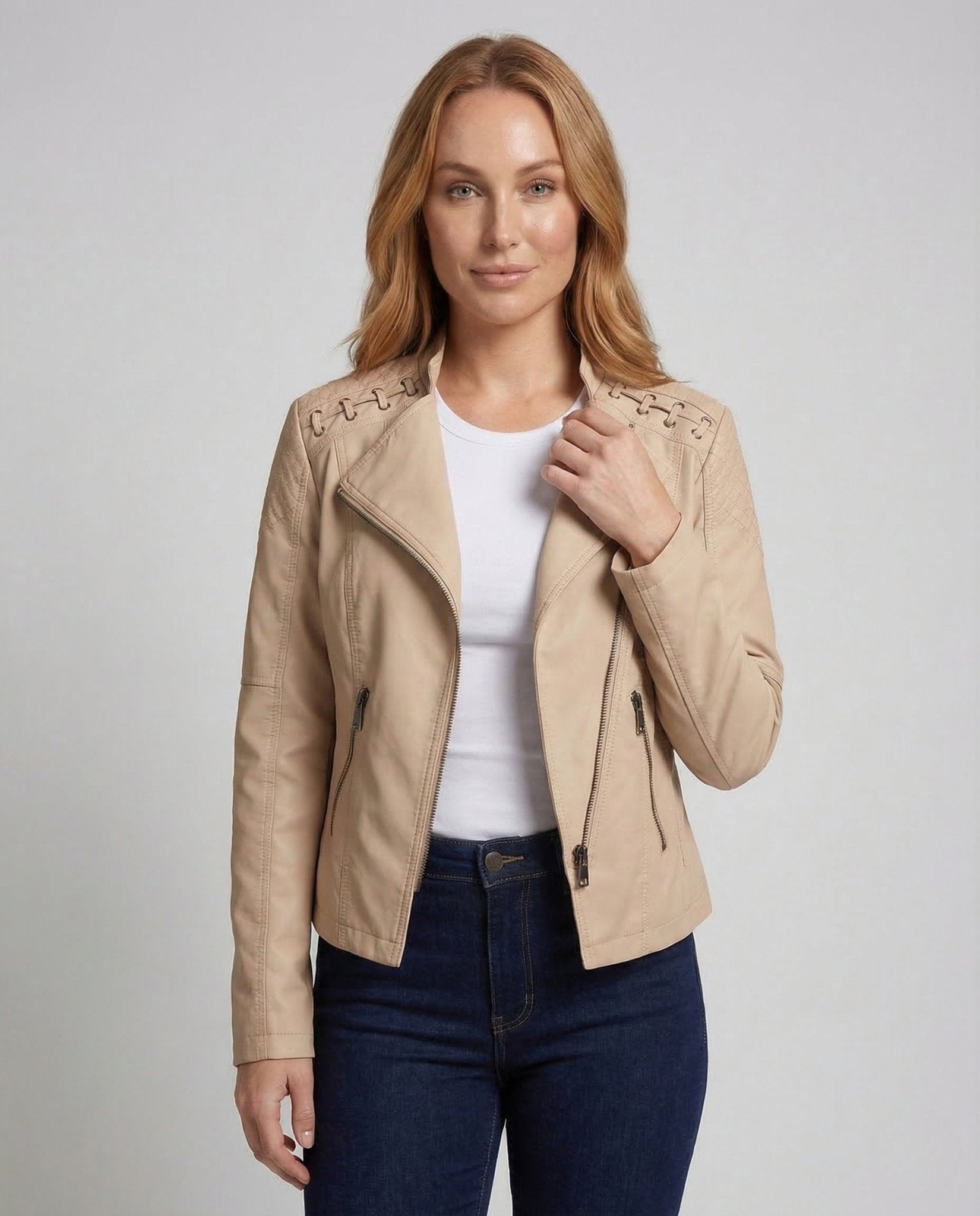 Women's Biker Jacket Faux Leather Lacing Detail - Chichicherry