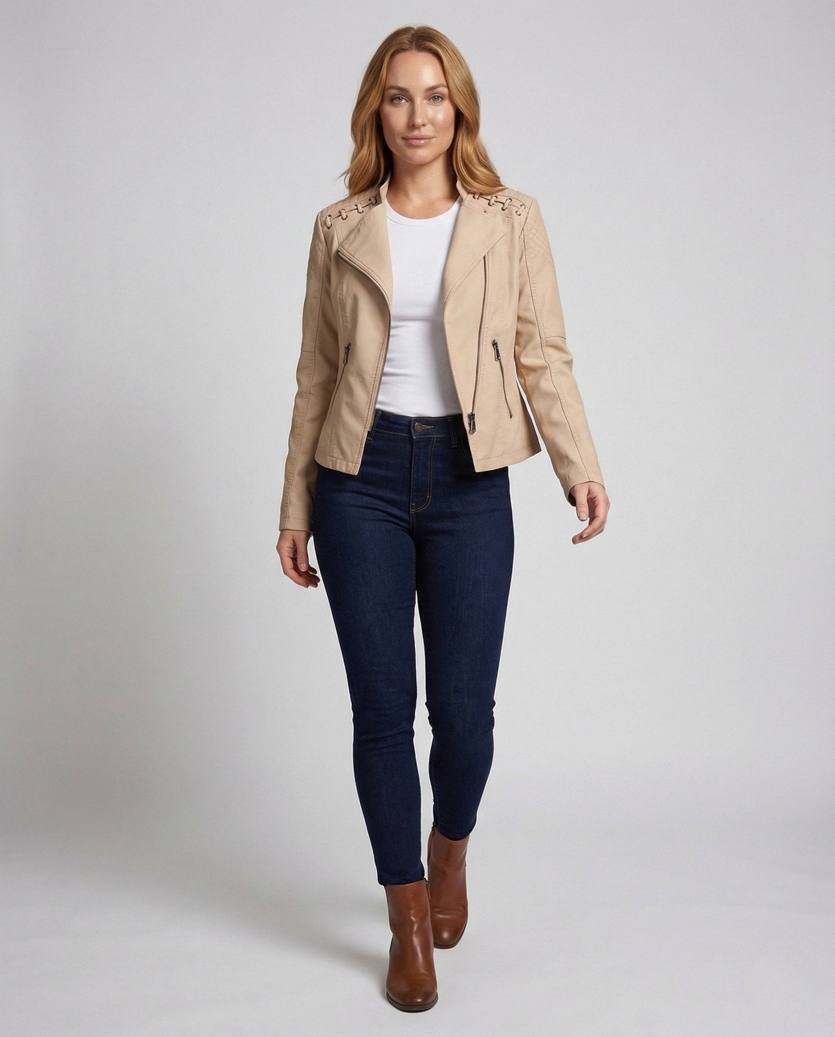 Women's Biker Jacket Faux Leather Lacing Detail - Chichicherry