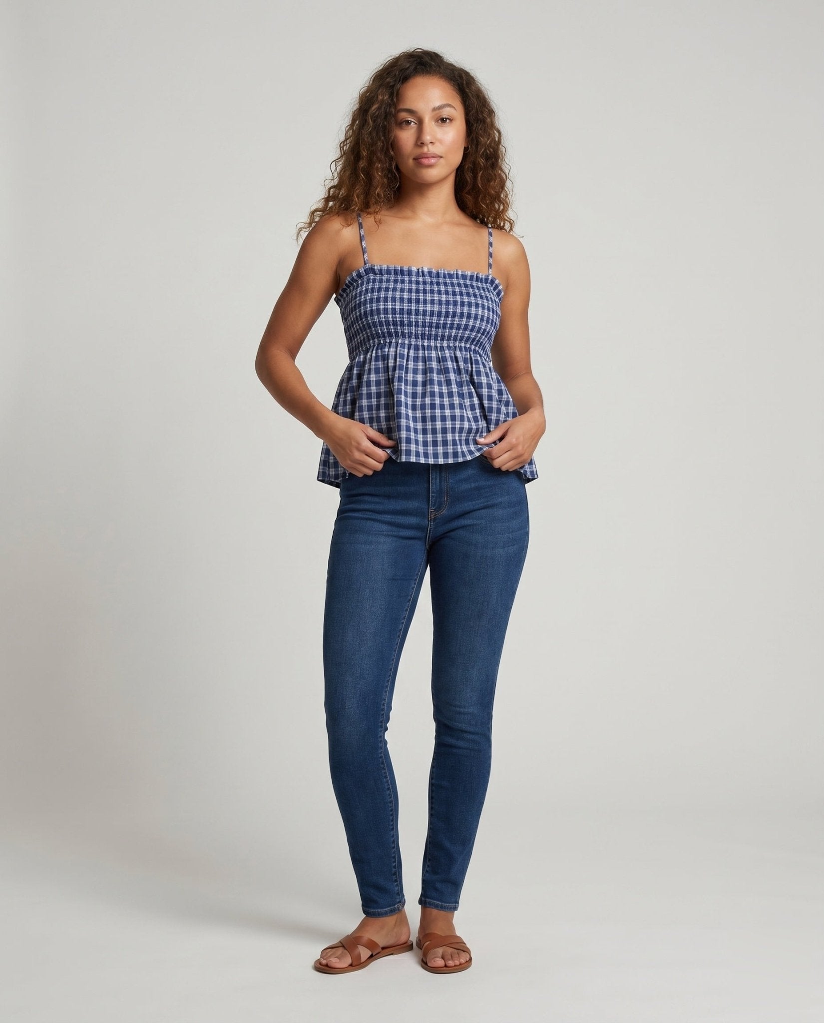 Women's blouse dress with elastic waist drawstring and check pattern - Chichicherry