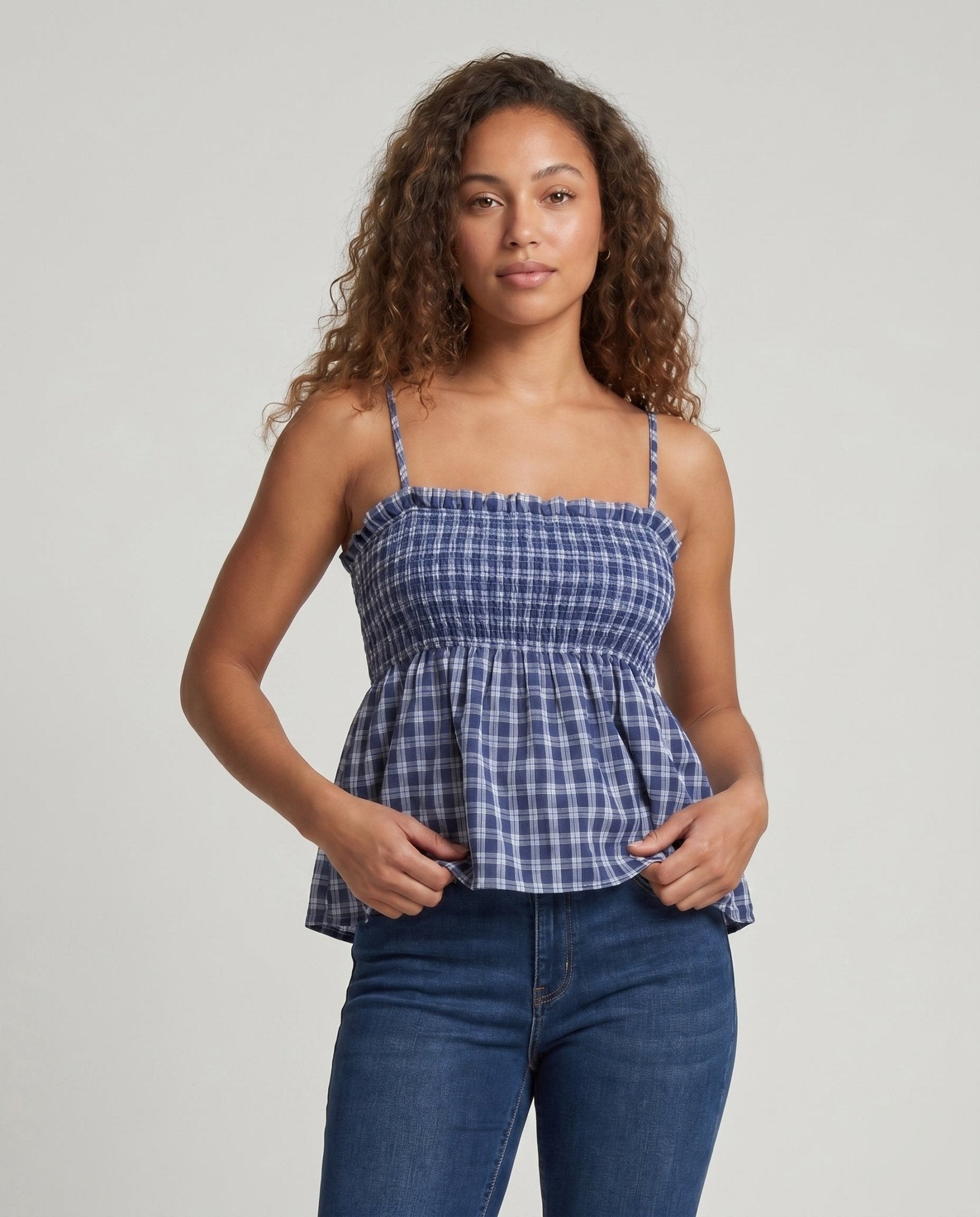 Women's blouse dress with elastic waist drawstring and check pattern - Chichicherry