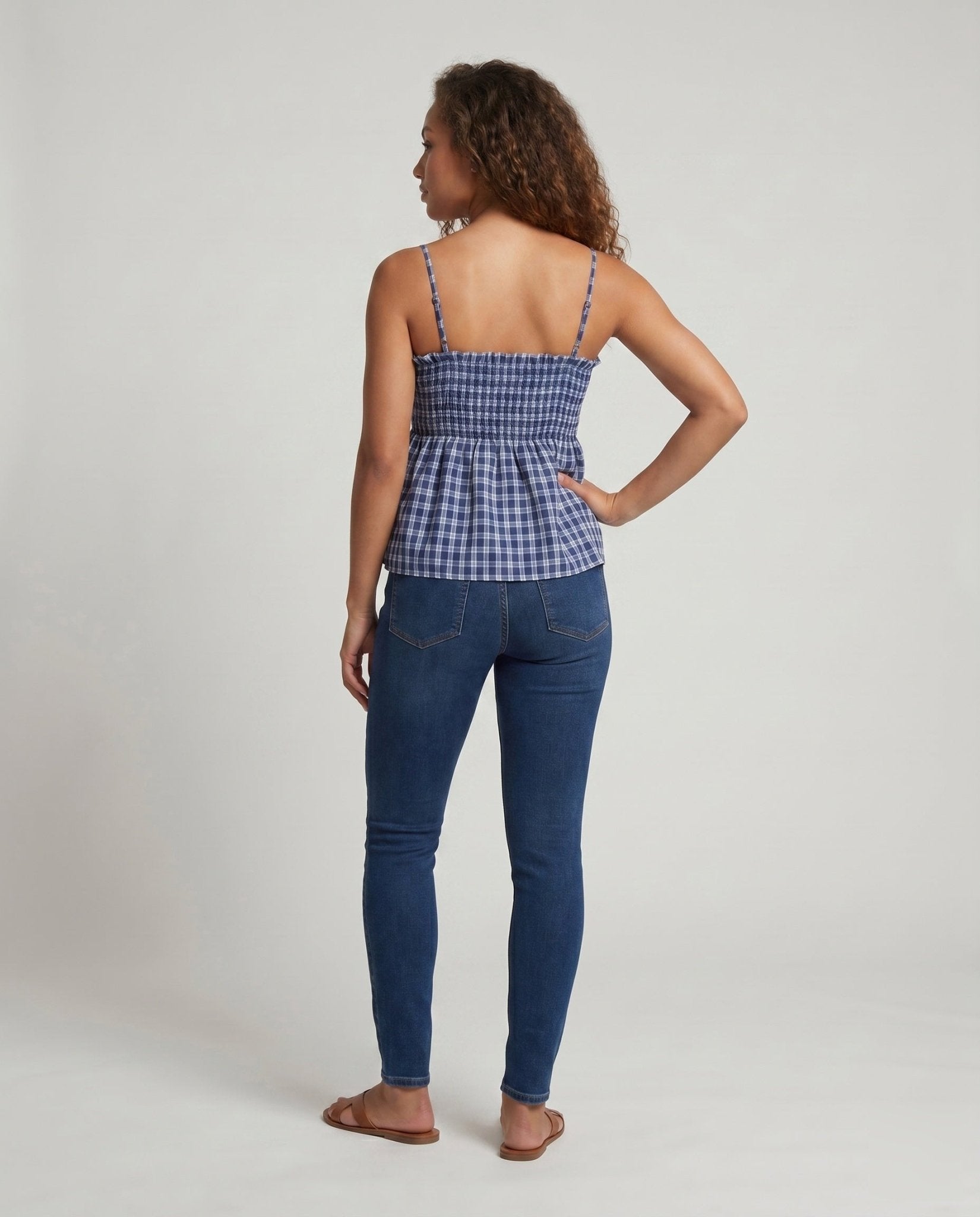 Women's blouse dress with elastic waist drawstring and check pattern - Chichicherry
