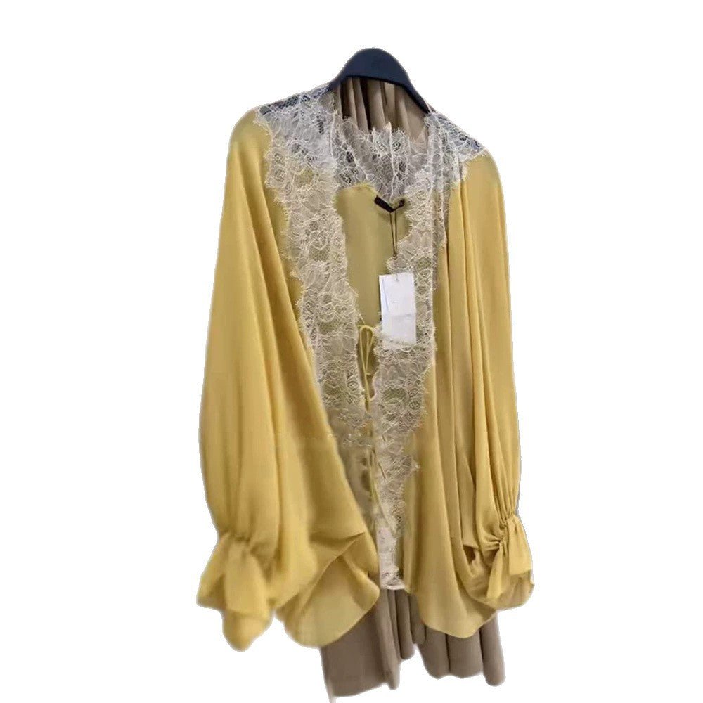 Women's blouse jacket with lace insert, deep V and balloon sleeves Chichicherry - Chichicherry