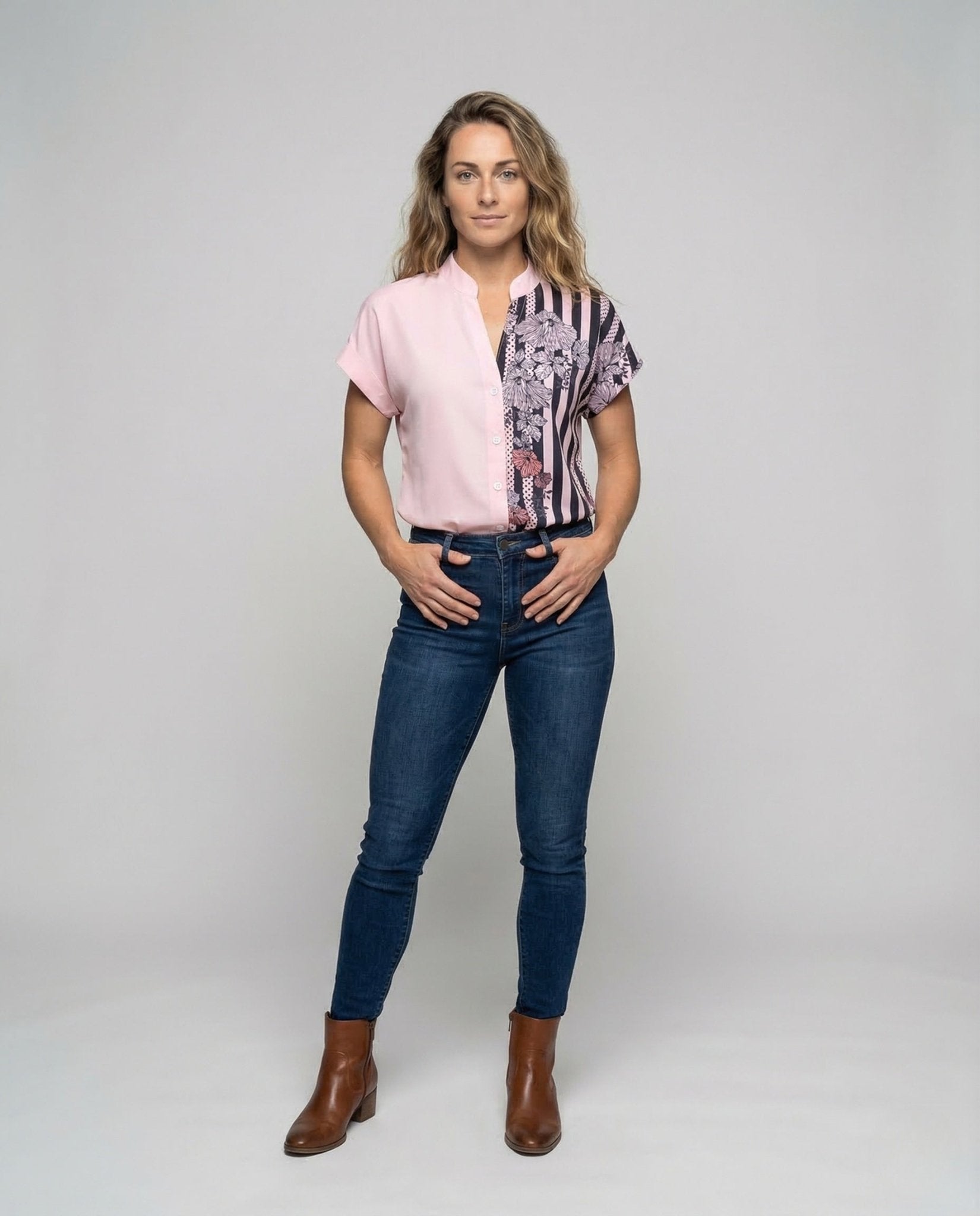 Women's Blouse Shirt Stand Collar Floral Print - Chichicherry
