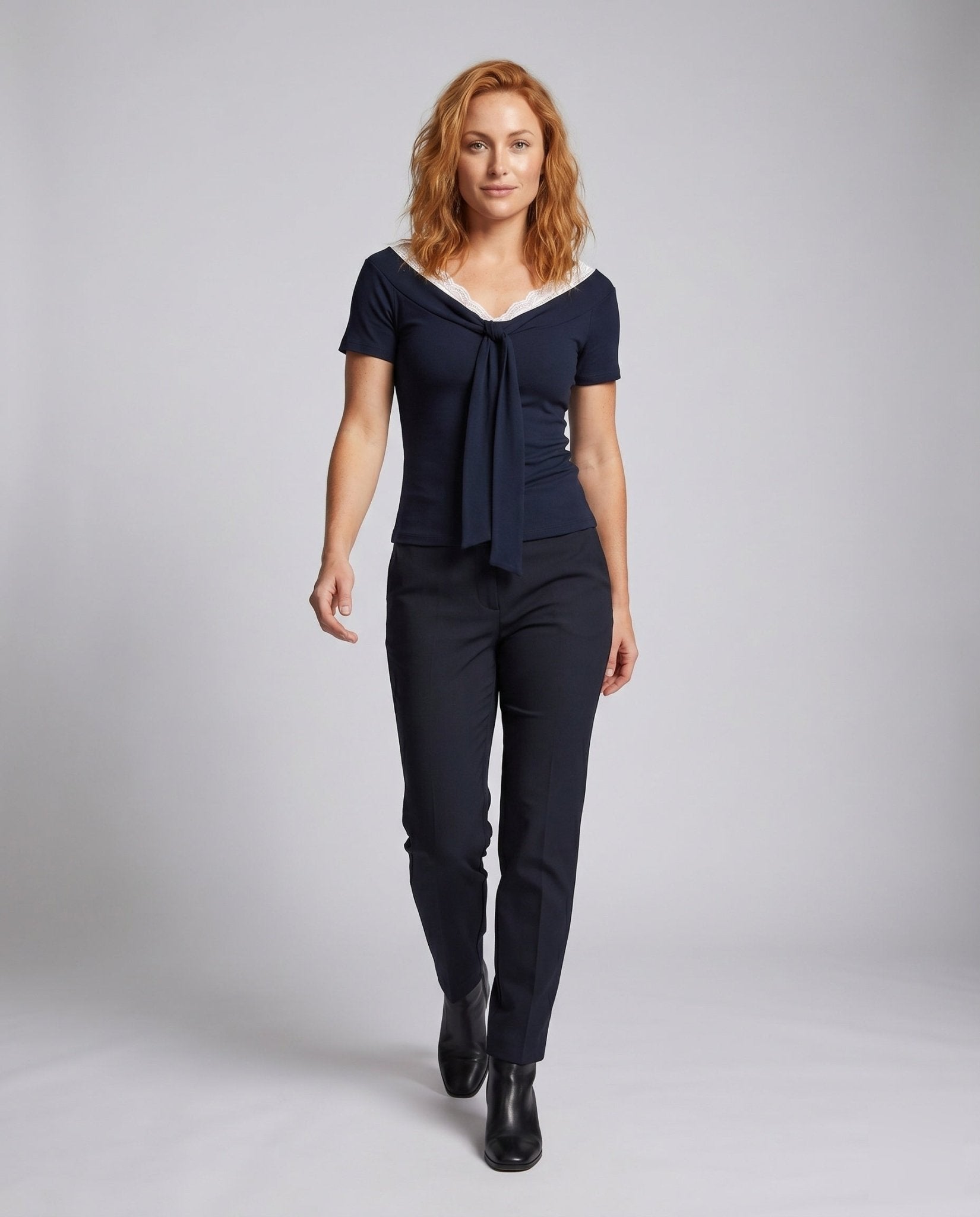 Women's blouse shirt with elegant lace neckline and decorative bow - Chichicherry