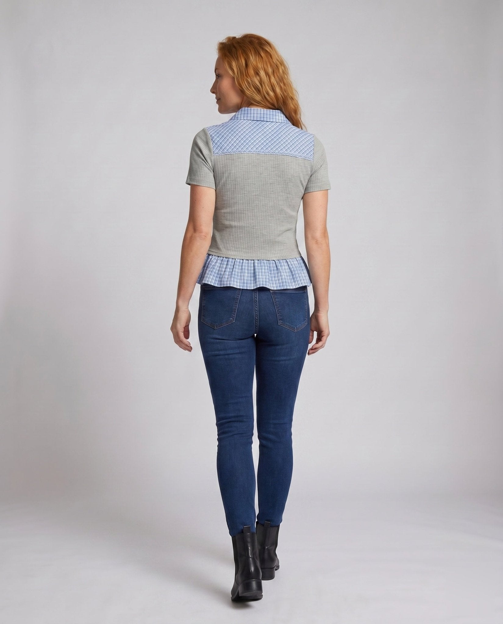 Women's blouse shirt with fashionable check details and elegant ruffle hem - Chichicherry