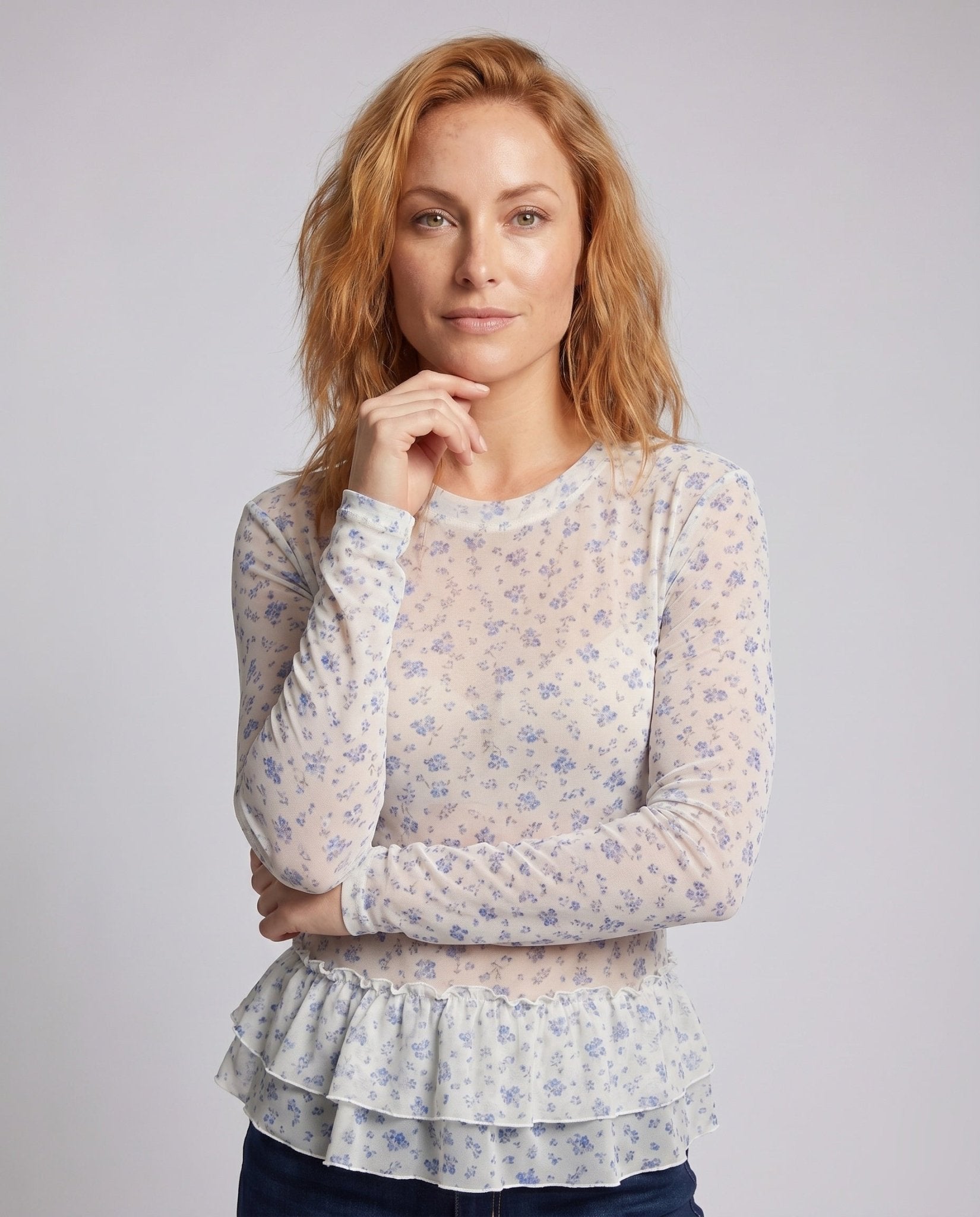 Women's blouse shirt with playful ruffle design and floral lace - Chichicherry