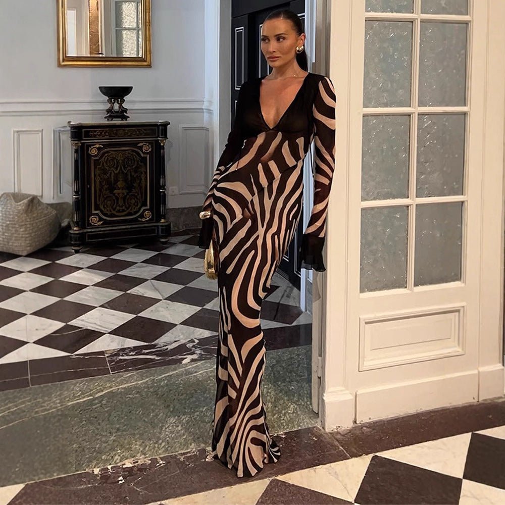 Women's body-hugging mesh maxi dress with deep V-neckline & graphic zebra print Chichicherry - Chichicherry