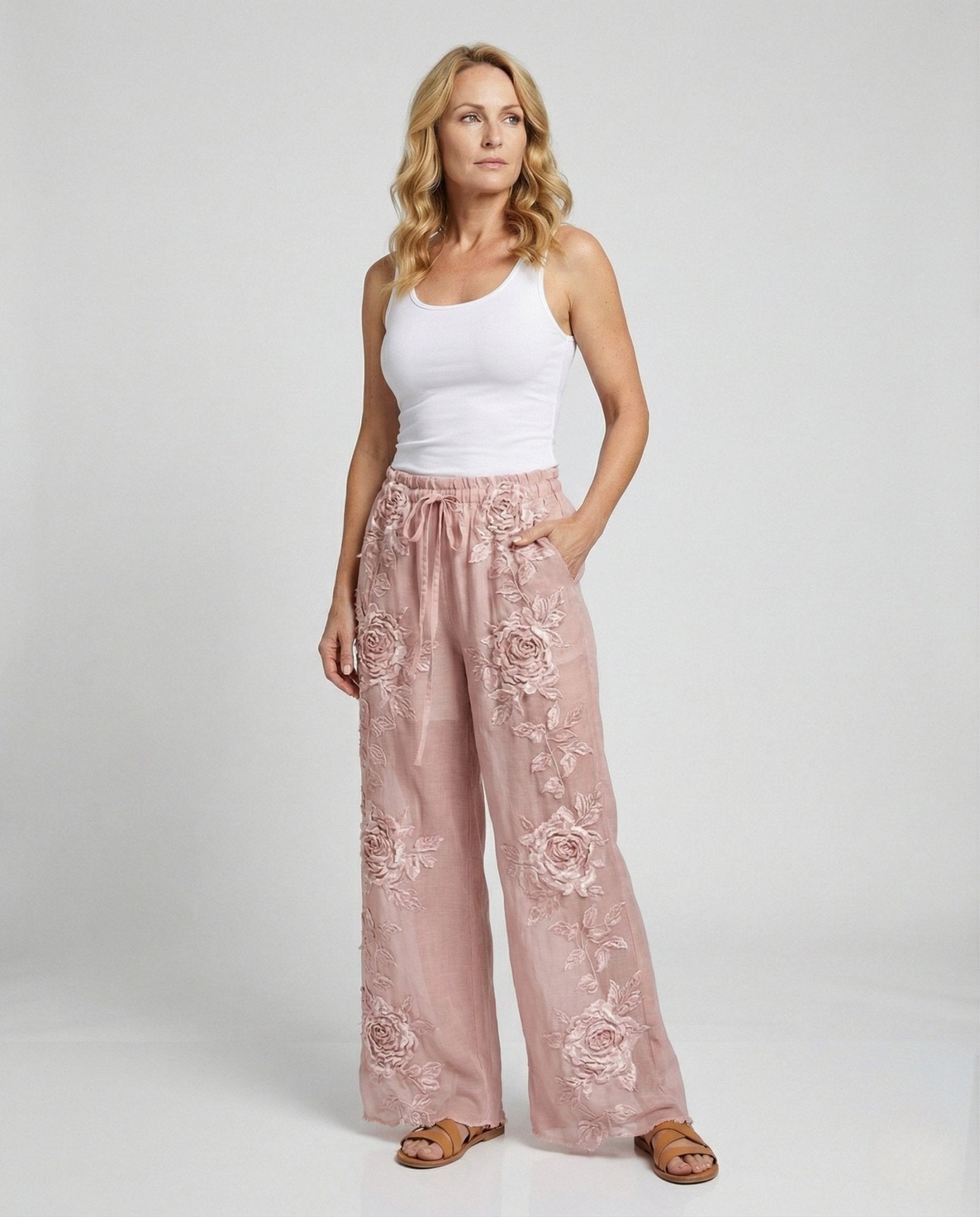 Women's Boho Harem Pants with Flower Appliqués - Chichicherry