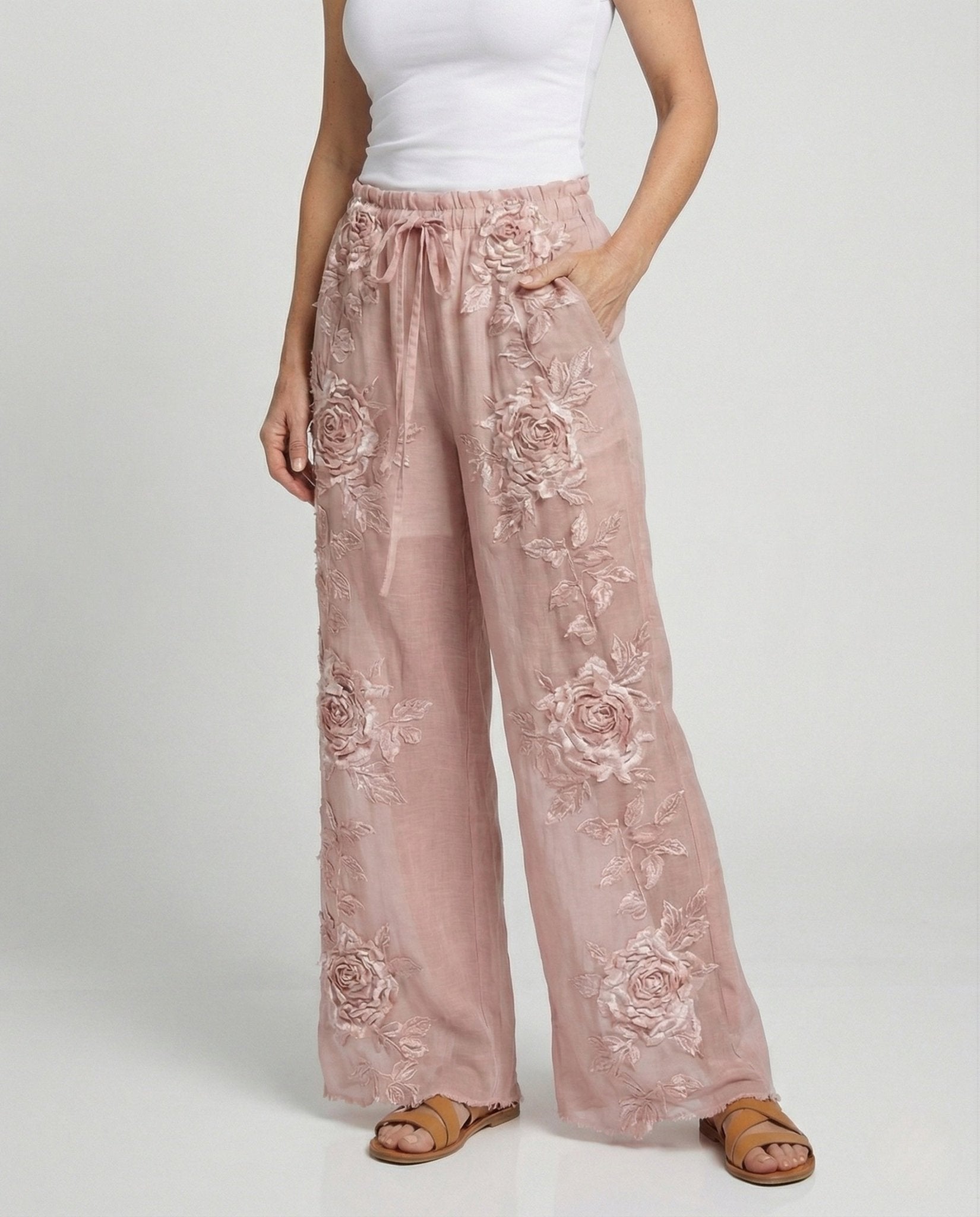 Women's Boho Harem Pants with Flower Appliqués - Chichicherry