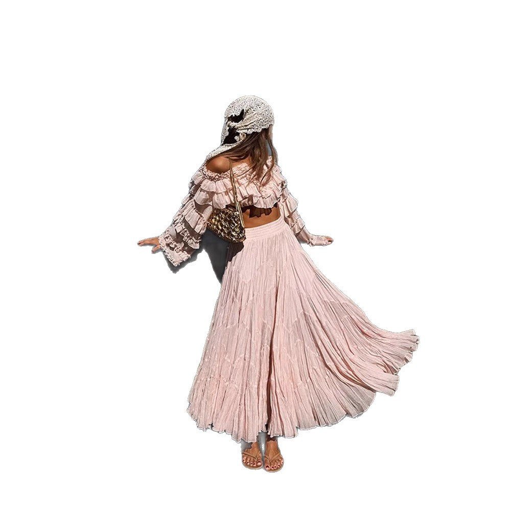 Women's Boho Two-Piece with Cropped Ruffle Top and Pleated Maxi Skirt Chichicherry - Chichicherry