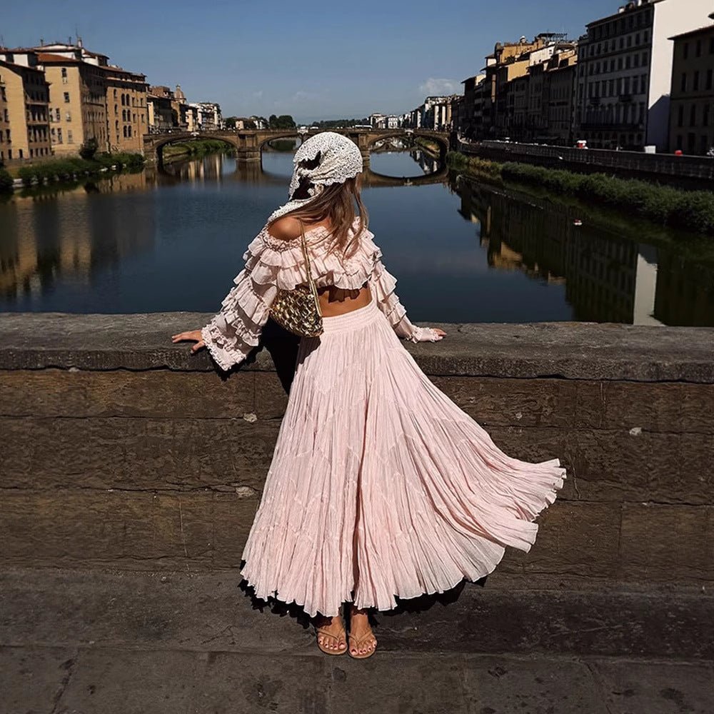 Women's Boho Two-Piece with Cropped Ruffle Top and Pleated Maxi Skirt Chichicherry - Chichicherry