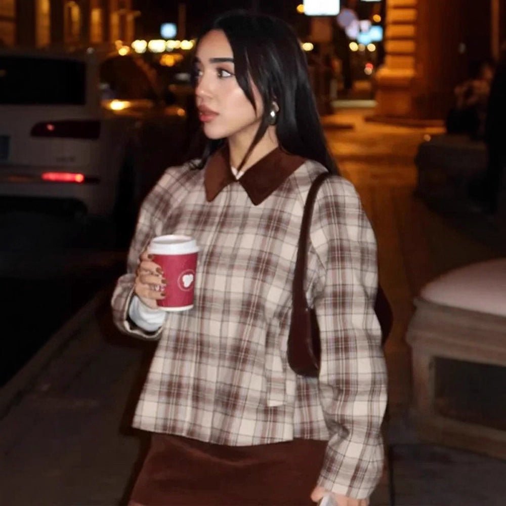 Women's boxy checkered transitional blouse with contrasting shirt collar Chichicherry - Chichicherry