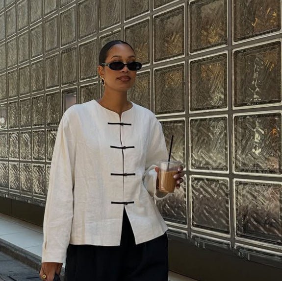 Women's Boxy Linen Blouse with Toggle Closures and Asymmetric Hem Chichicherry - Chichicherry
