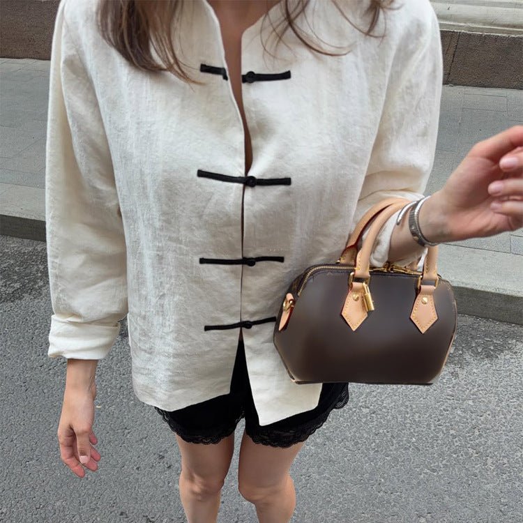 Women's Boxy Linen Blouse with Toggle Closures and Asymmetric Hem Chichicherry - Chichicherry