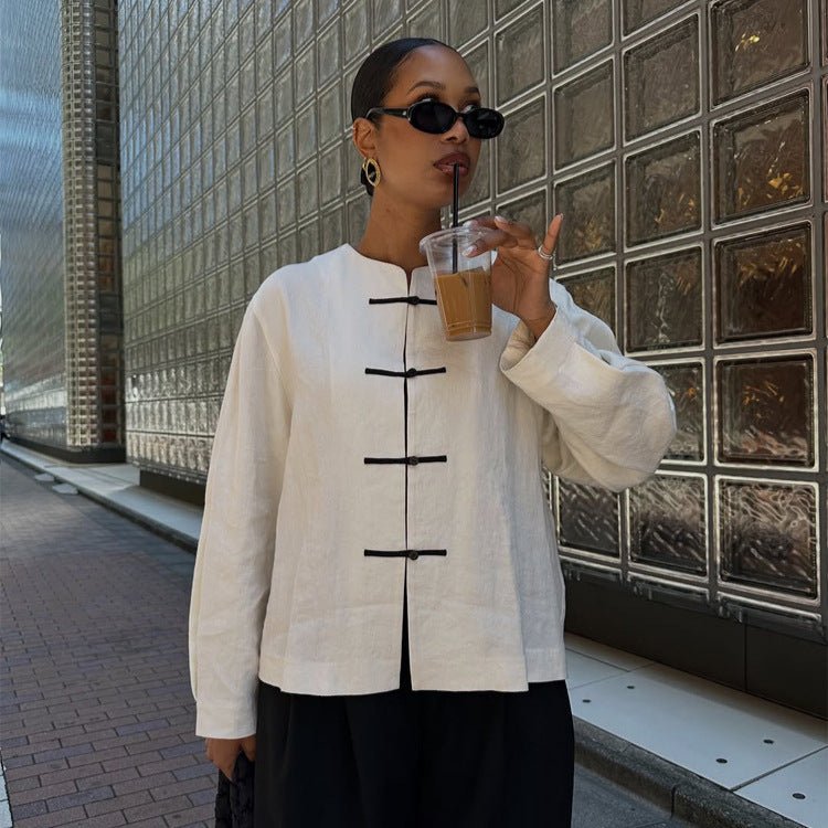 Women's Boxy Linen Blouse with Toggle Closures and Asymmetric Hem Chichicherry - Chichicherry
