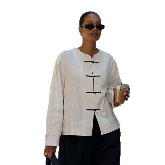 Women's Boxy Linen Blouse with Toggle Closures and Asymmetric Hem Chichicherry - Chichicherry
