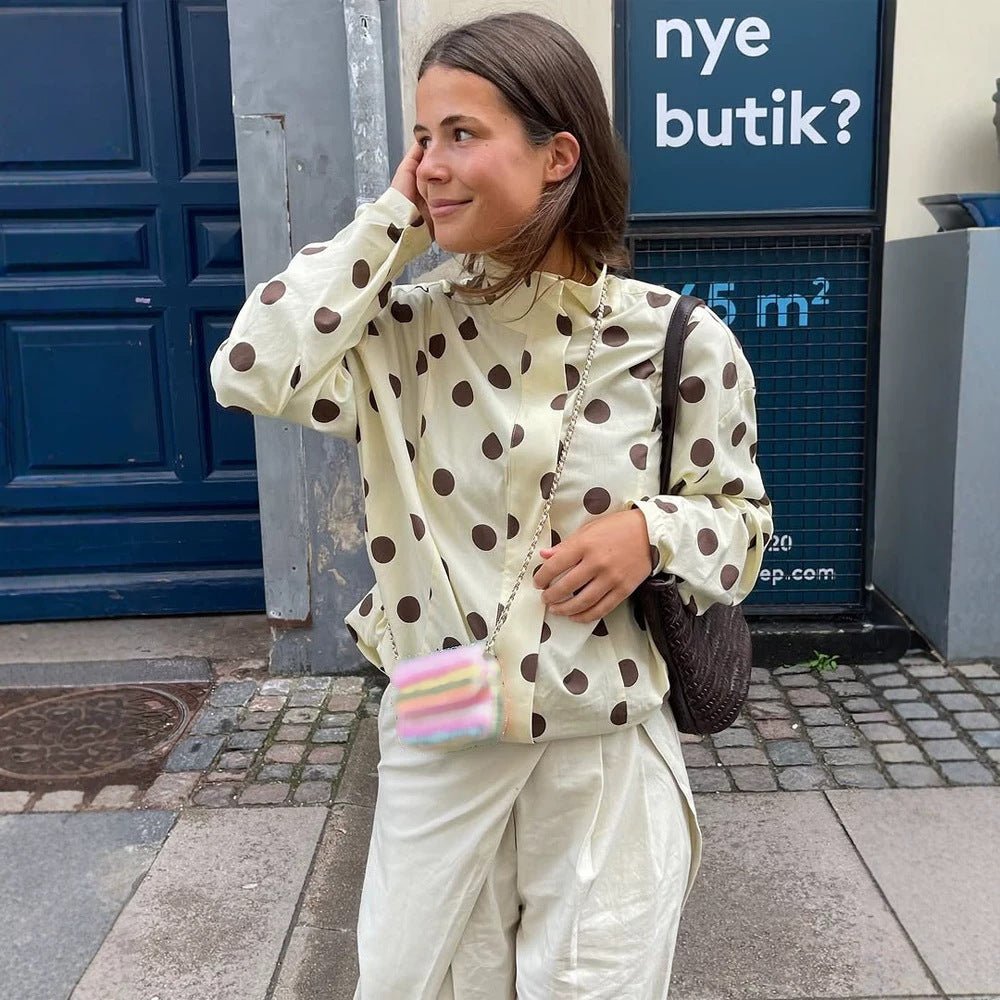 Women's Boxy Shirt Jacket with Stand Collar, Balloon Sleeves and Large Polka Dot Print Chichicherry - Chichicherry