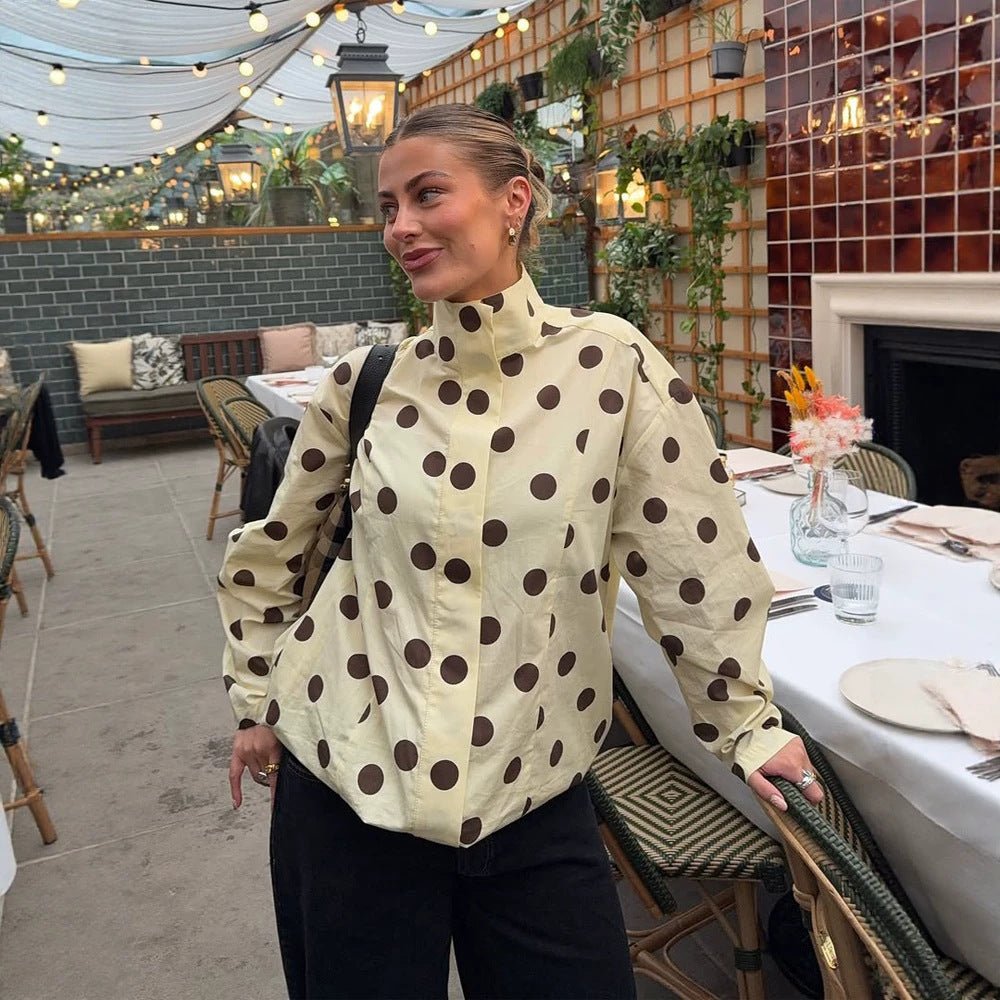 Women's Boxy Shirt Jacket with Stand Collar, Balloon Sleeves and Large Polka Dot Print Chichicherry - Chichicherry