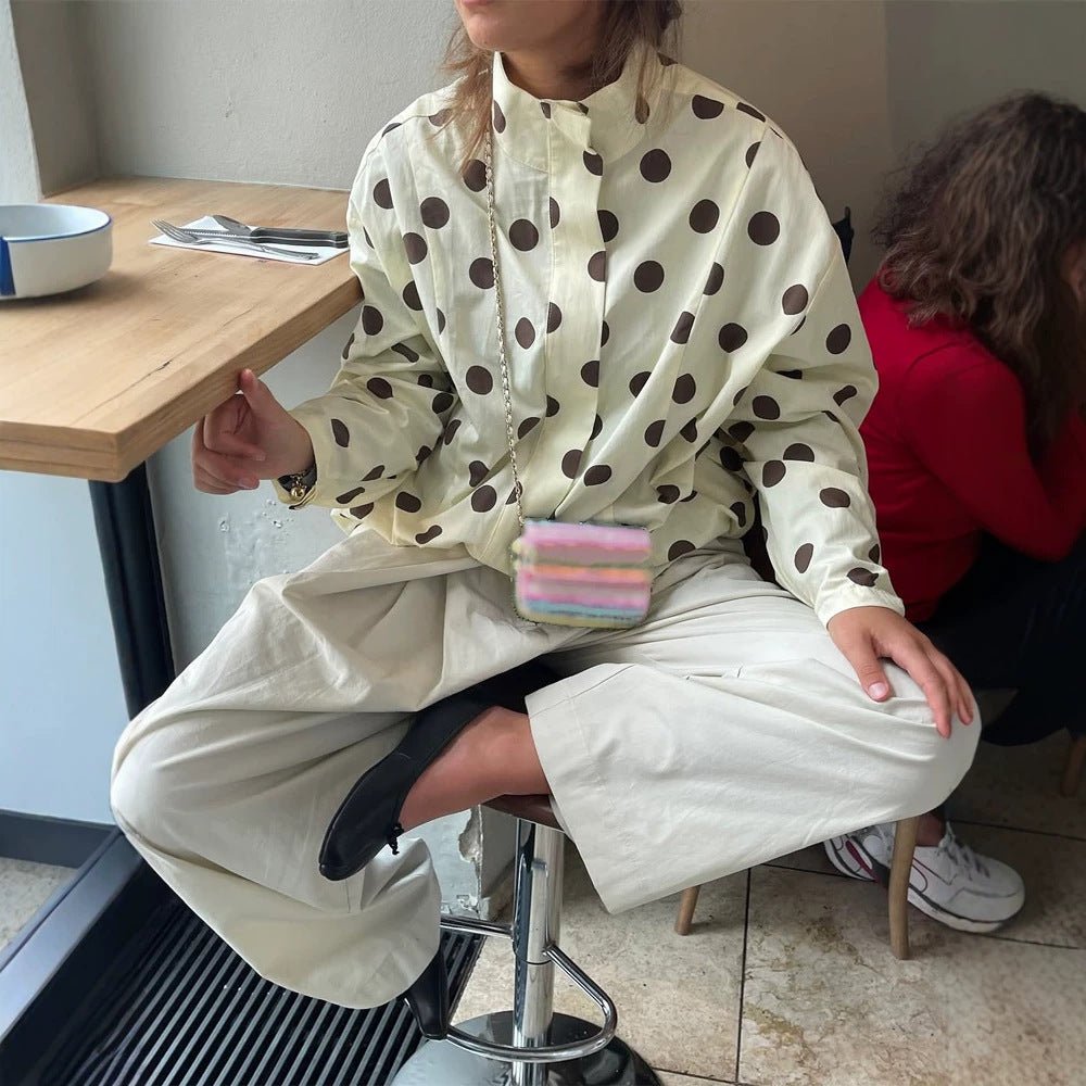 Women's Boxy Shirt Jacket with Stand Collar, Balloon Sleeves and Large Polka Dot Print Chichicherry - Chichicherry