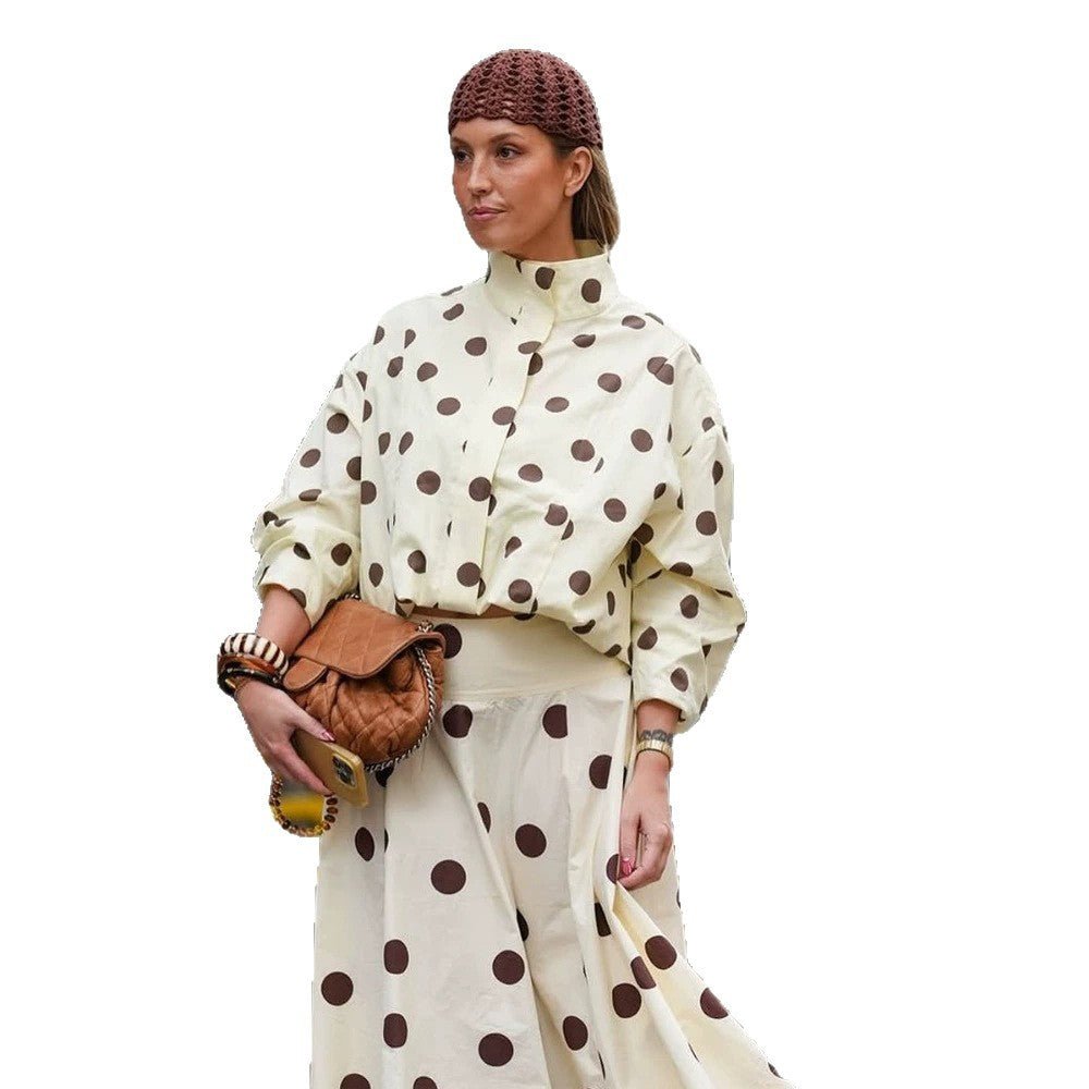 Women's Boxy Shirt Jacket with Stand Collar, Balloon Sleeves and Large Polka Dot Print Chichicherry - Chichicherry
