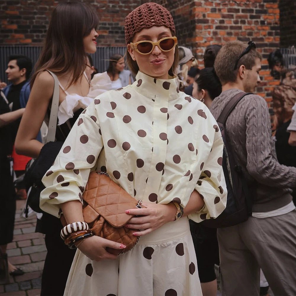 Women's Boxy Shirt Jacket with Stand Collar, Balloon Sleeves and Large Polka Dot Print Chichicherry - Chichicherry