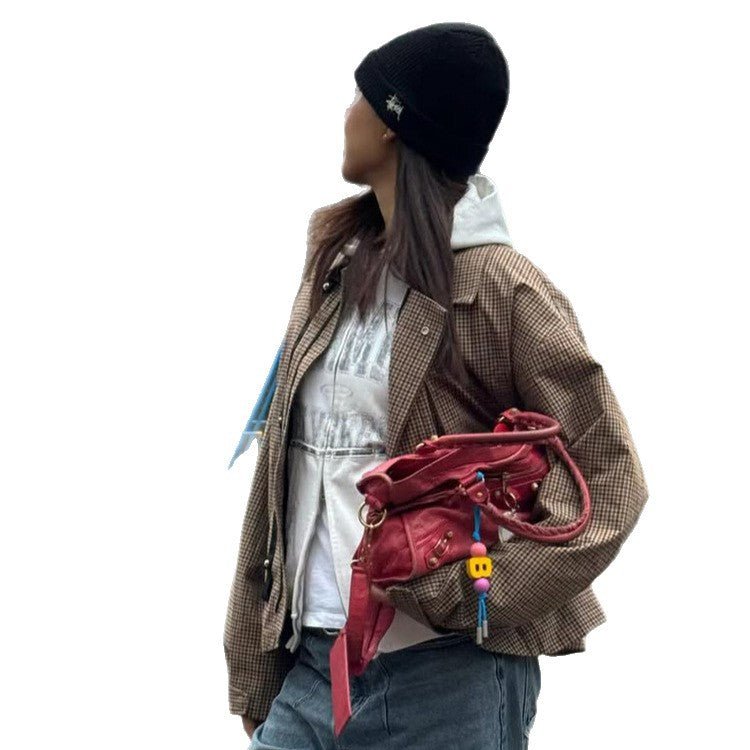 Women's Boxy Short Jacket in Glencheck with Elastic Hem and Zipper Chichicherry - Chichicherry