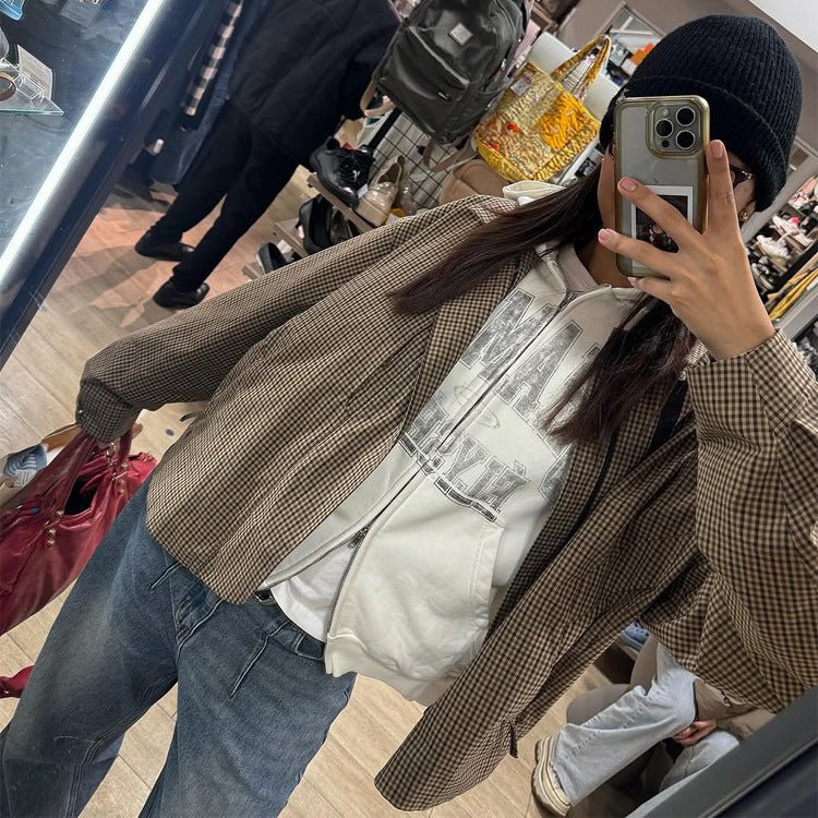 Women's Boxy Short Jacket in Glencheck with Elastic Hem and Zipper Chichicherry - Chichicherry