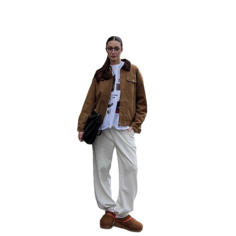Women's Boxy Suede Blouson Jacket with Cord Collar and Teddy Lining Chichicherry - Chichicherry