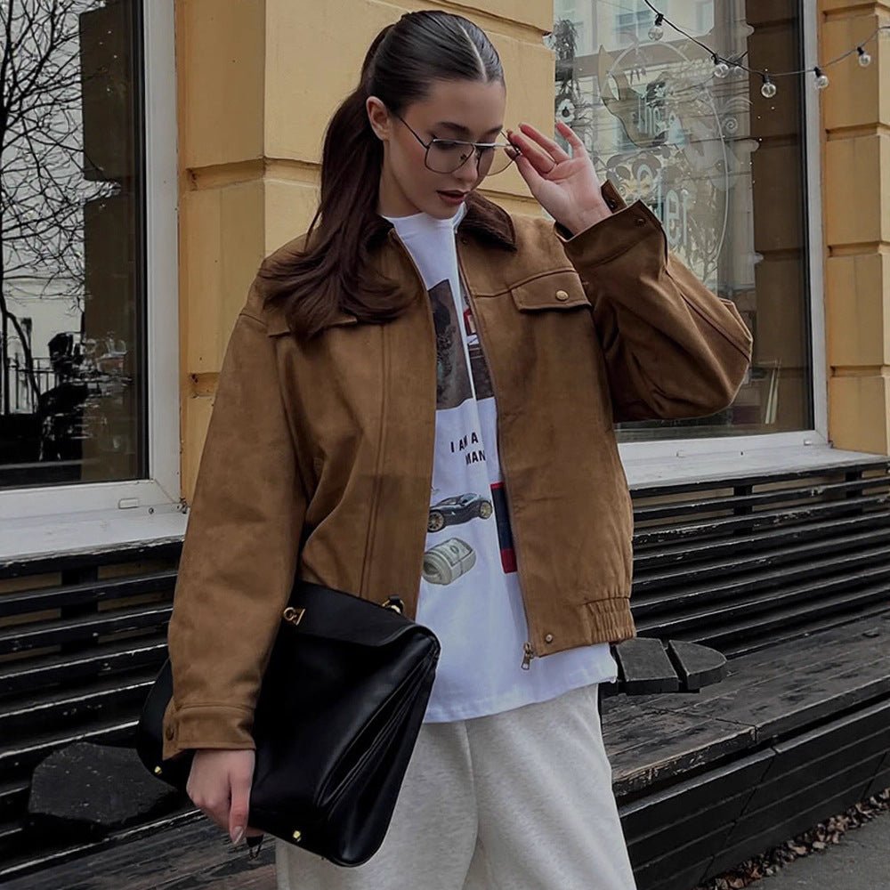 Women's Boxy Suede Blouson Jacket with Cord Collar and Teddy Lining Chichicherry - Chichicherry