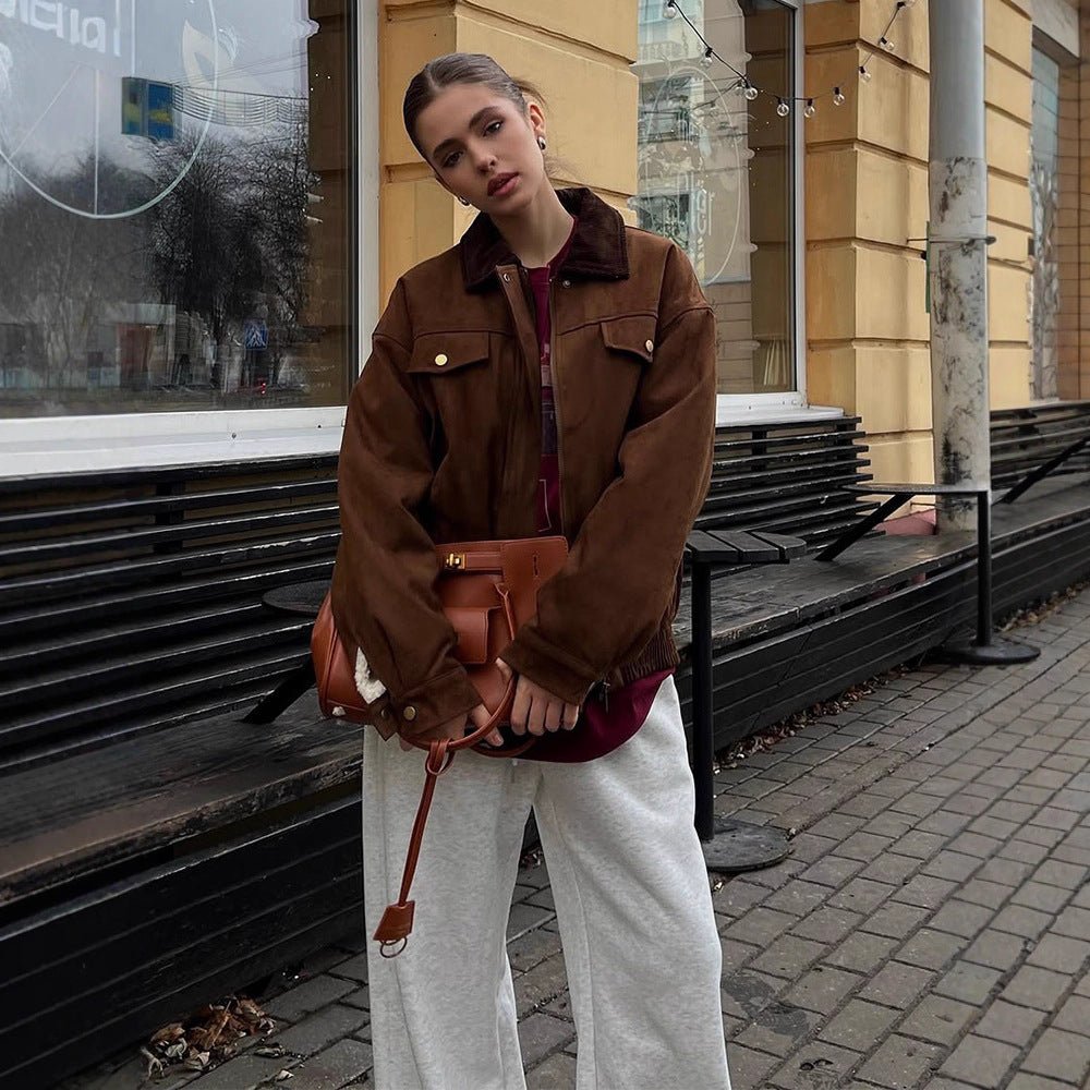 Women's Boxy Suede Blouson Jacket with Cord Collar and Teddy Lining Chichicherry - Chichicherry