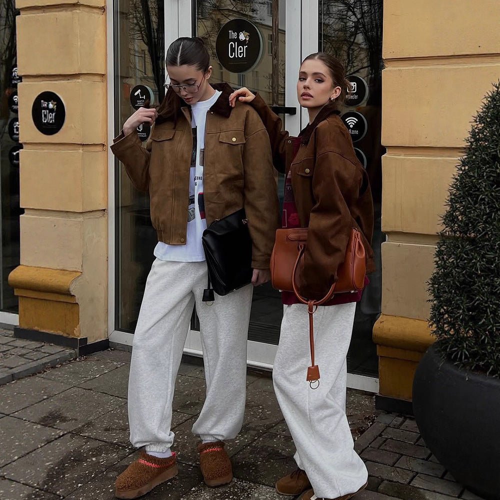 Women's Boxy Suede Blouson Jacket with Cord Collar and Teddy Lining Chichicherry - Chichicherry