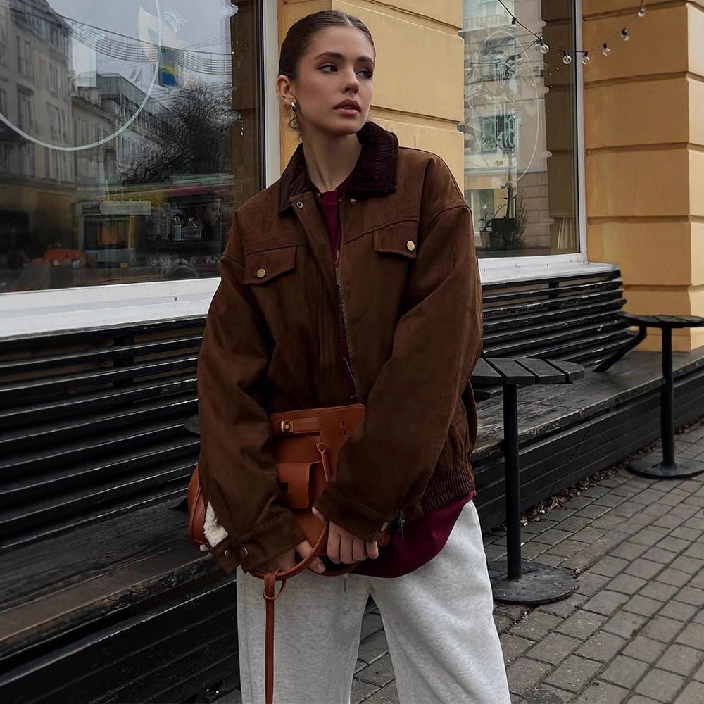 Women's Boxy Suede Blouson Jacket with Cord Collar and Teddy Lining Chichicherry - Chichicherry
