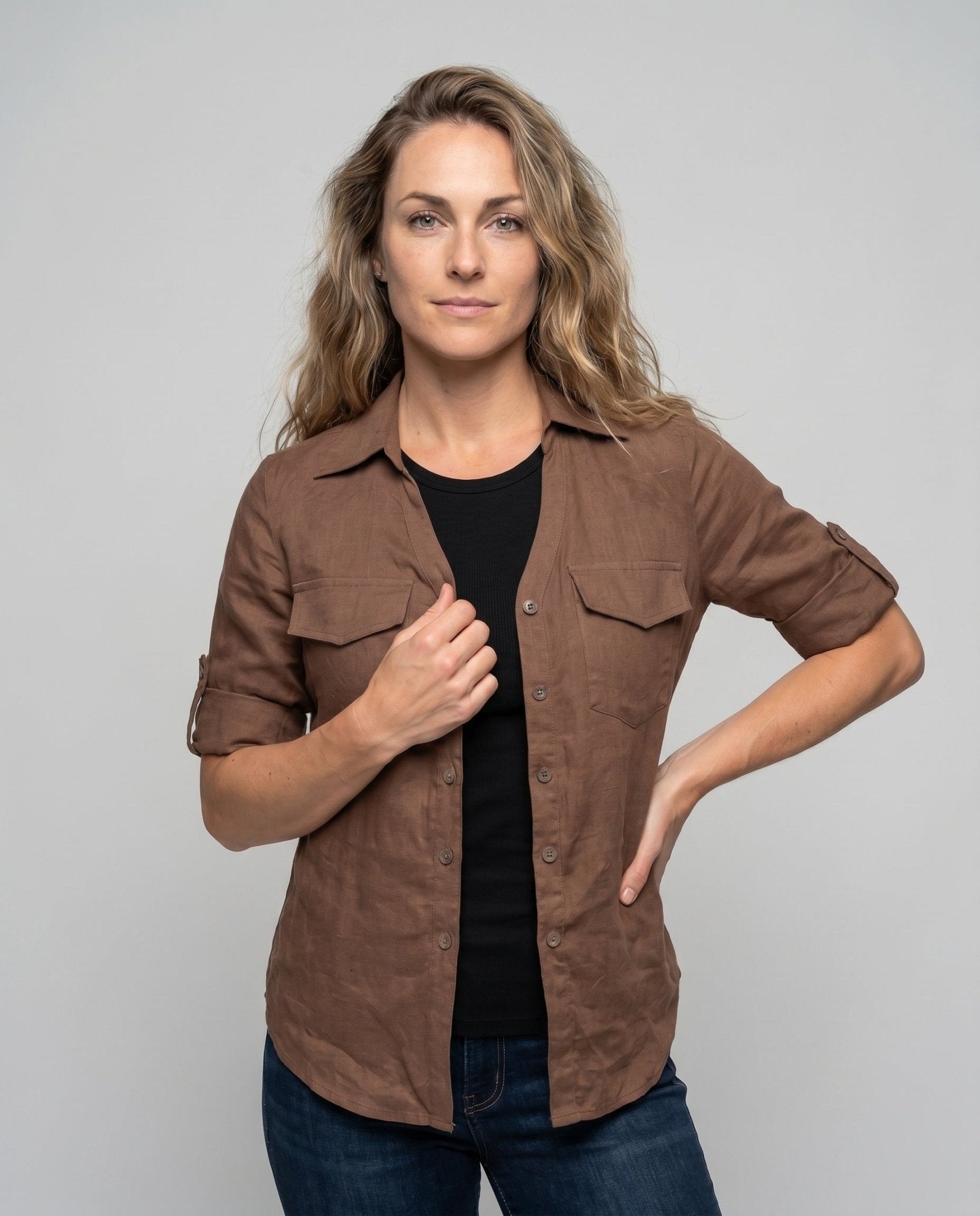 Women's Button-Down Blouse with Elegant Details and Practical Pockets - Chichicherry