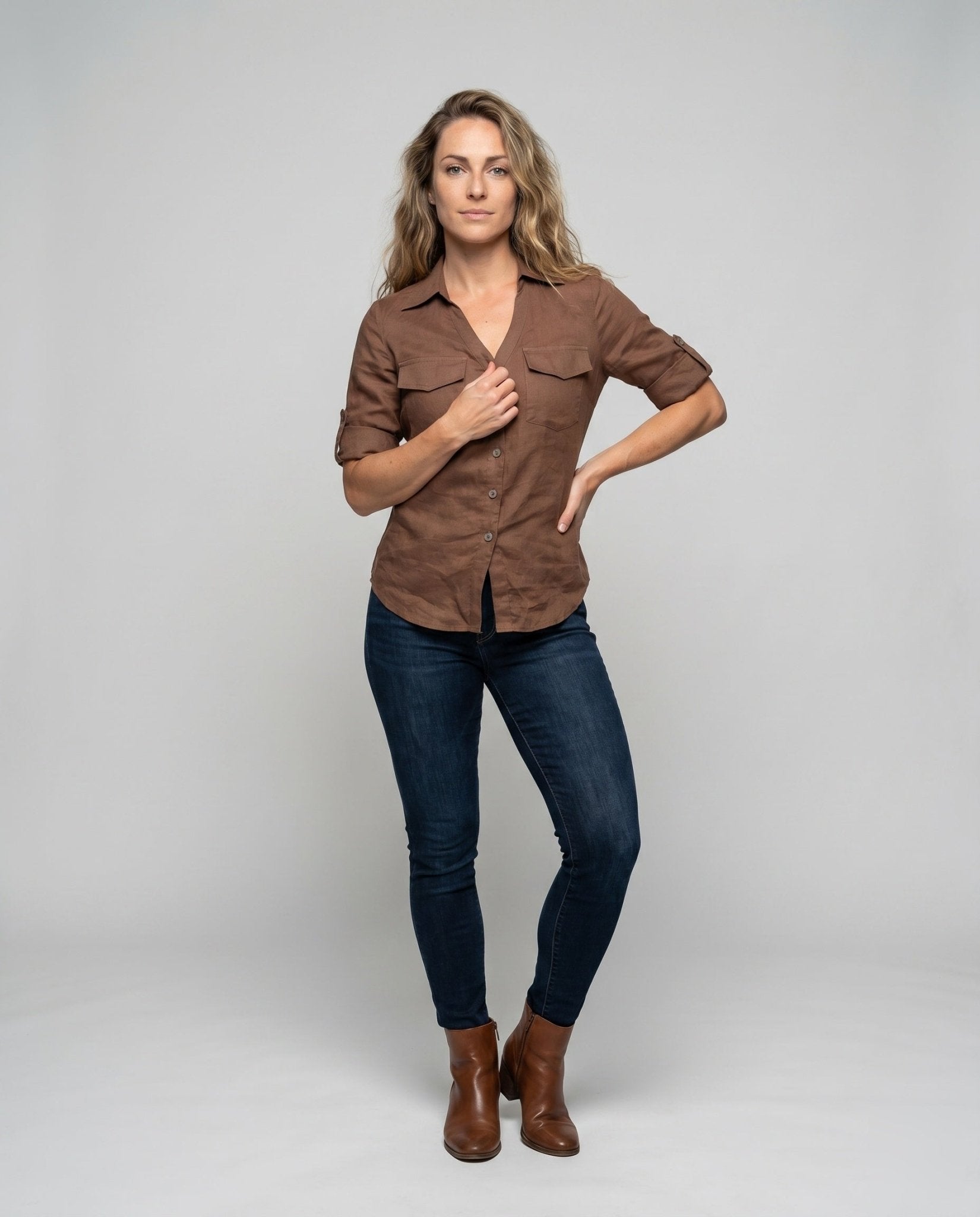 Women's Button-Down Blouse with Elegant Details and Practical Pockets - Chichicherry