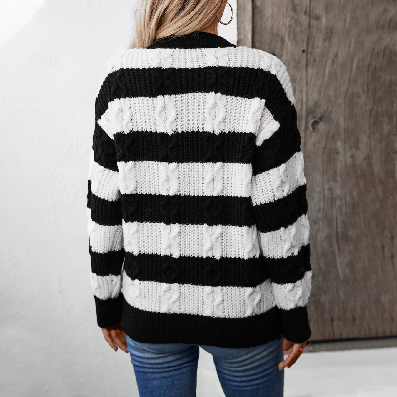 Women's Cable Knit Striped Pullover Sweater - Chichicherry