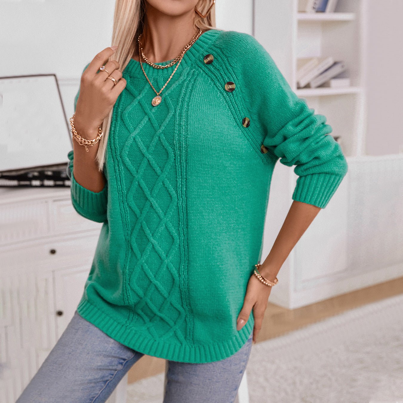 Women's Cable Knit Sweater with Button Details - Chichicherry