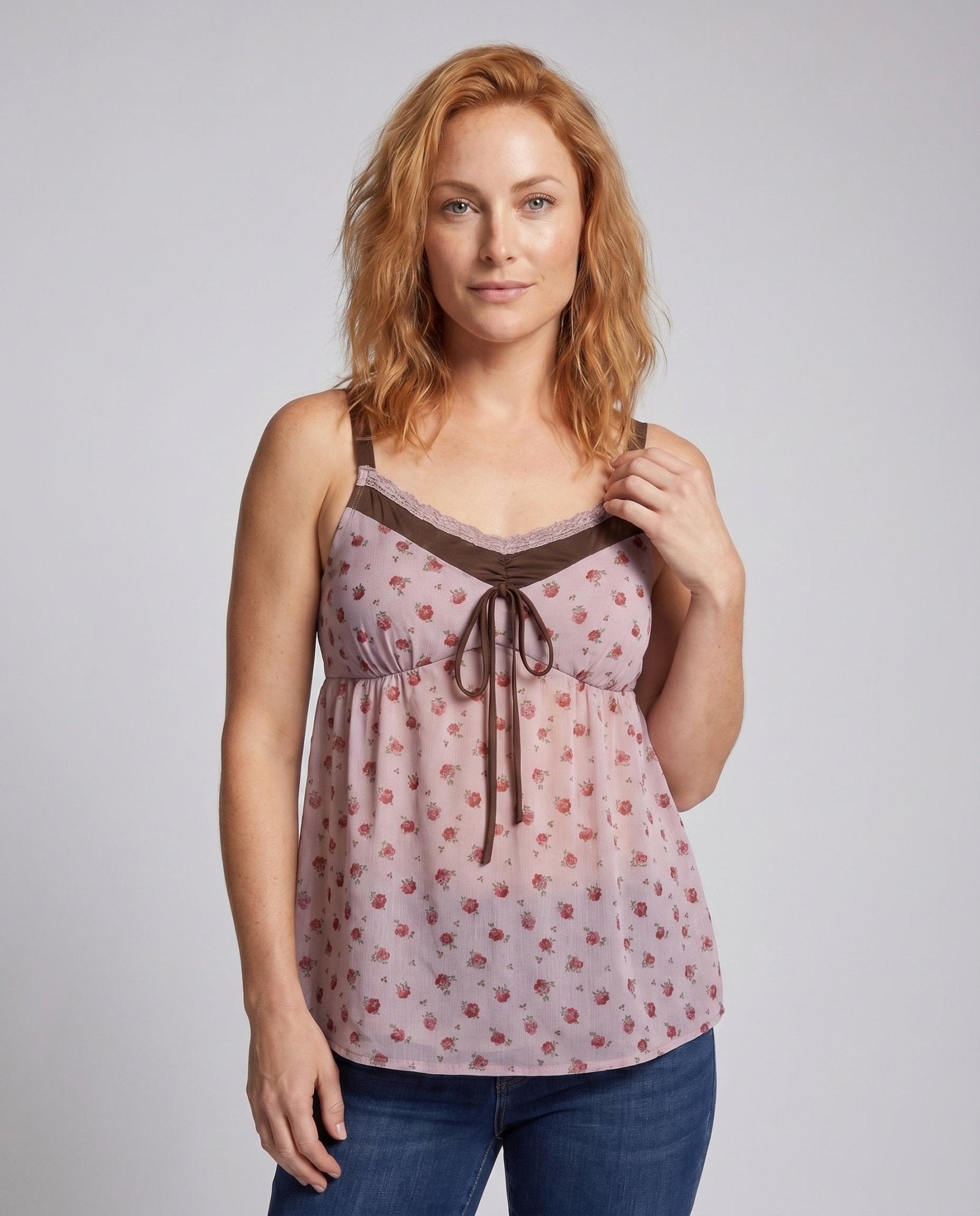 Womens casual blouse top with floral patterns and delicate ruffle details - Chichicherry