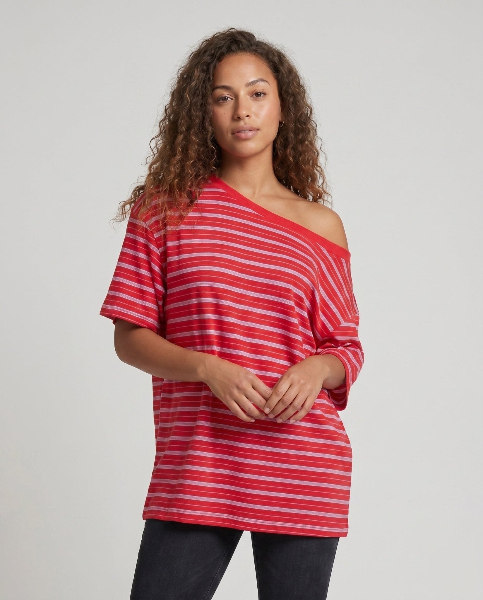 Women's casual half-tall shirt with wide stripes and asymmetrical neckline - Chichicherry
