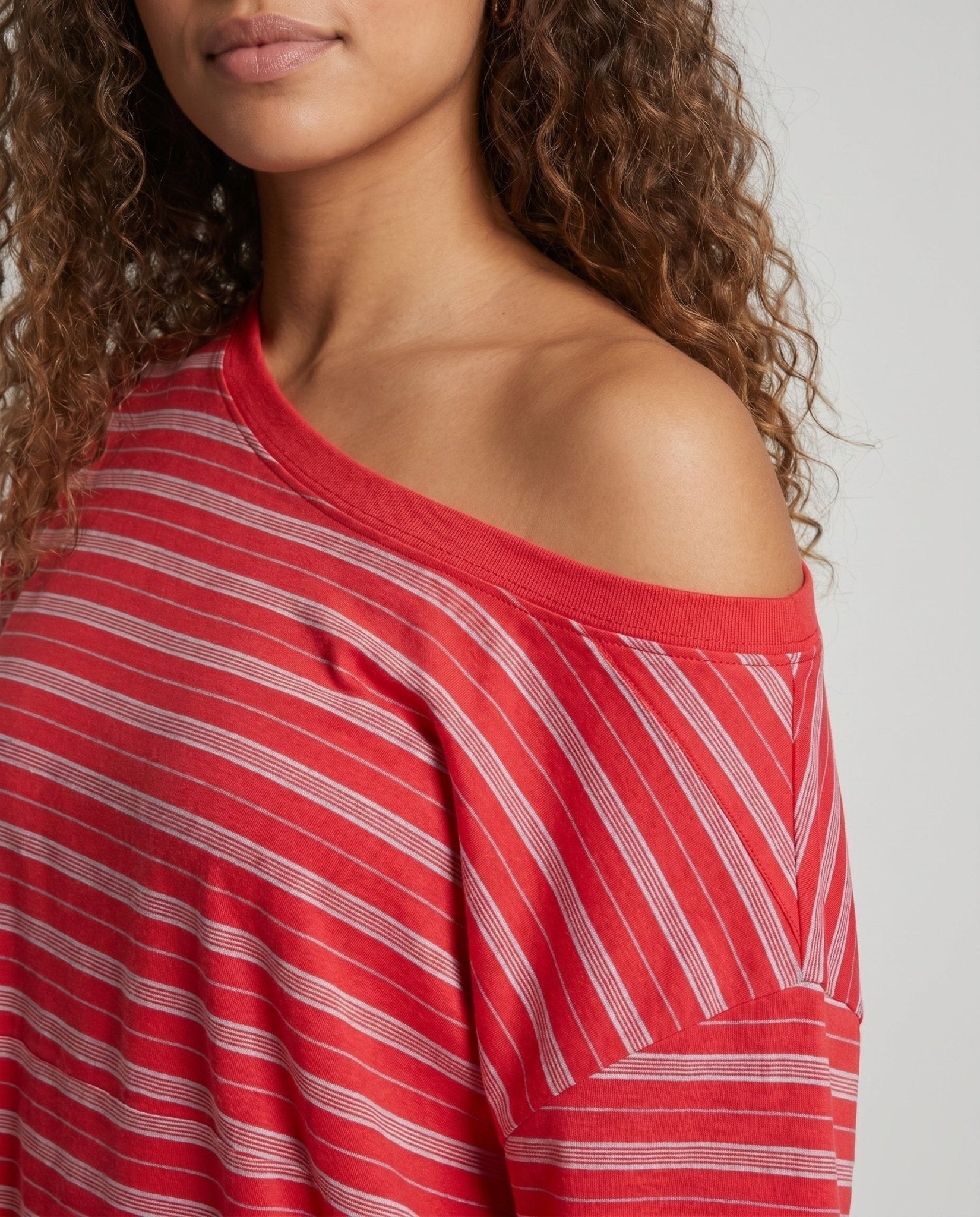 Women's casual half-tall shirt with wide stripes and asymmetrical neckline - Chichicherry