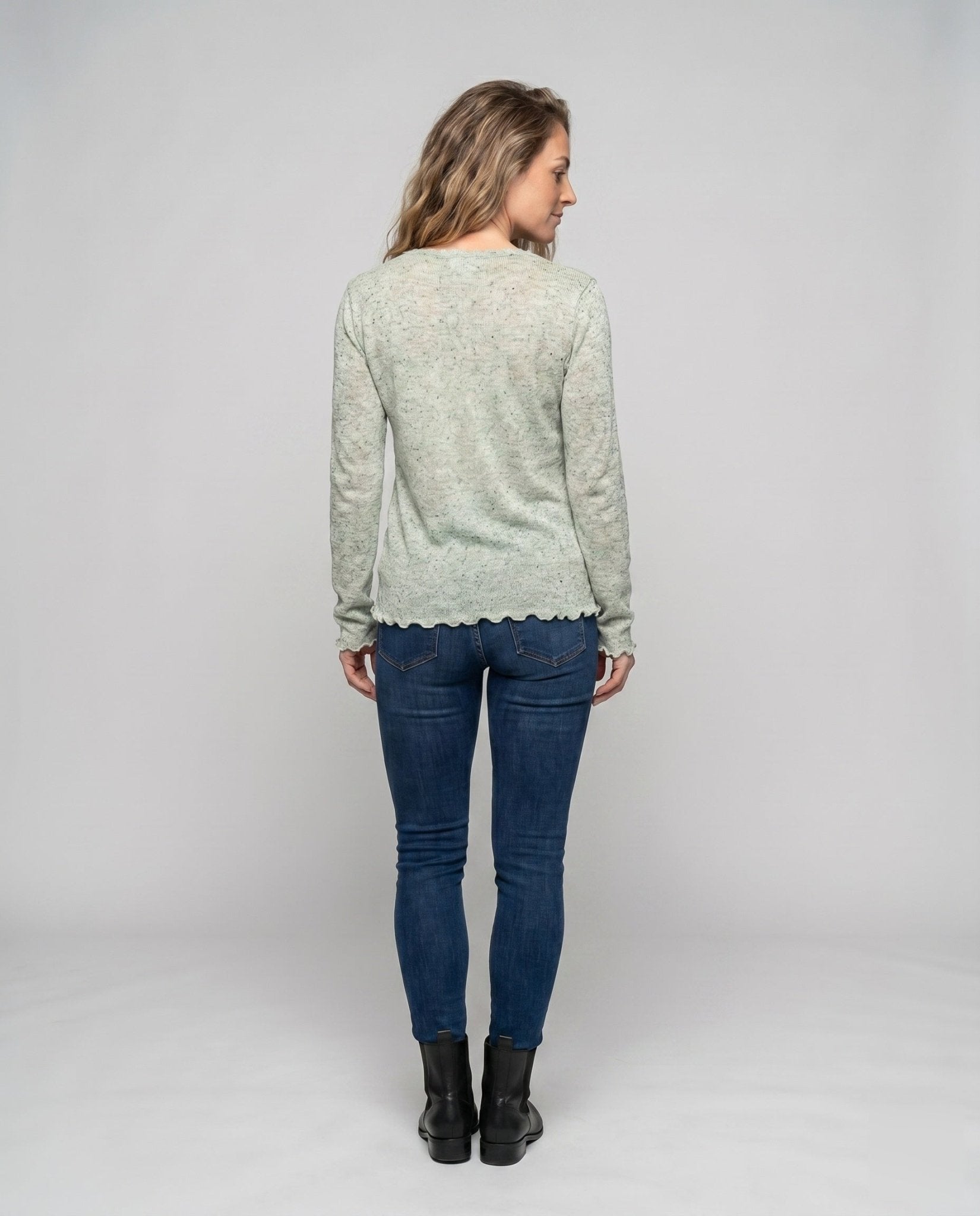 Women's casual long sleeve shirt with fashionable V-neck and elegant ruffle details - Chichicherry