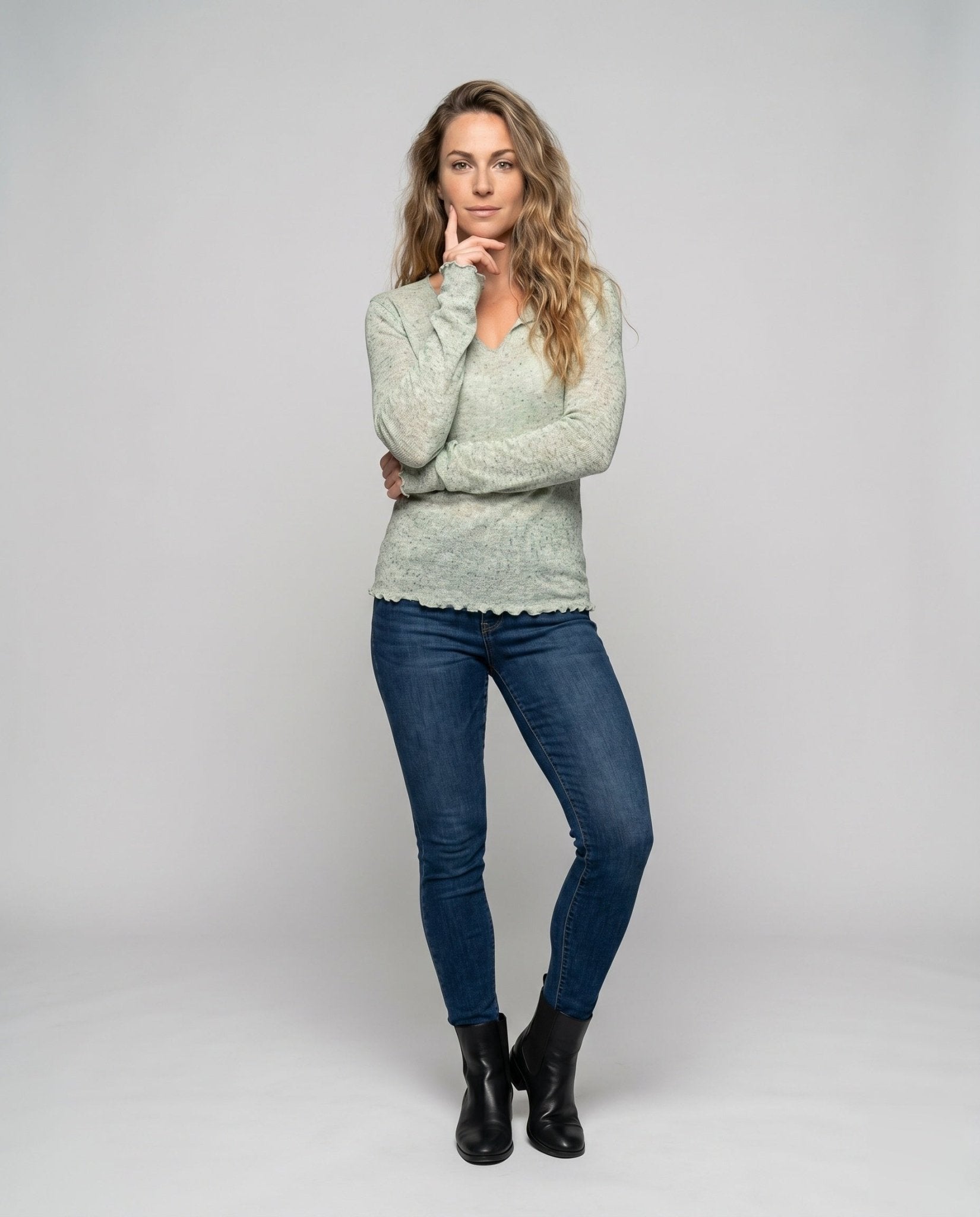 Women's casual long sleeve shirt with fashionable V-neck and elegant ruffle details - Chichicherry
