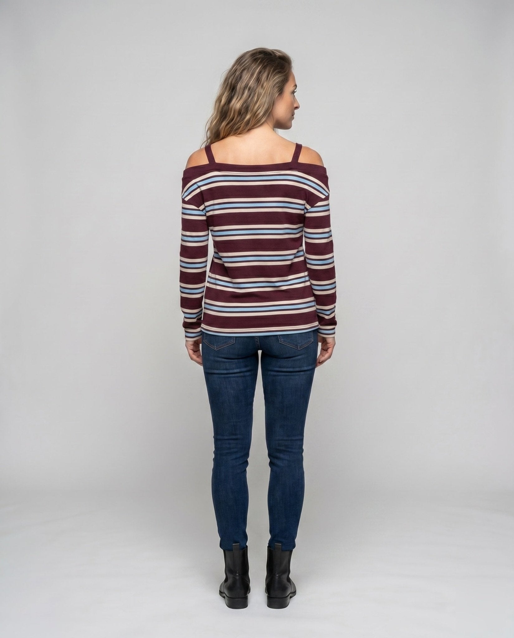 Women's Casual Long Sleeve Shirt with Shoulder Cut-Out and Striped Pattern - Chichicherry