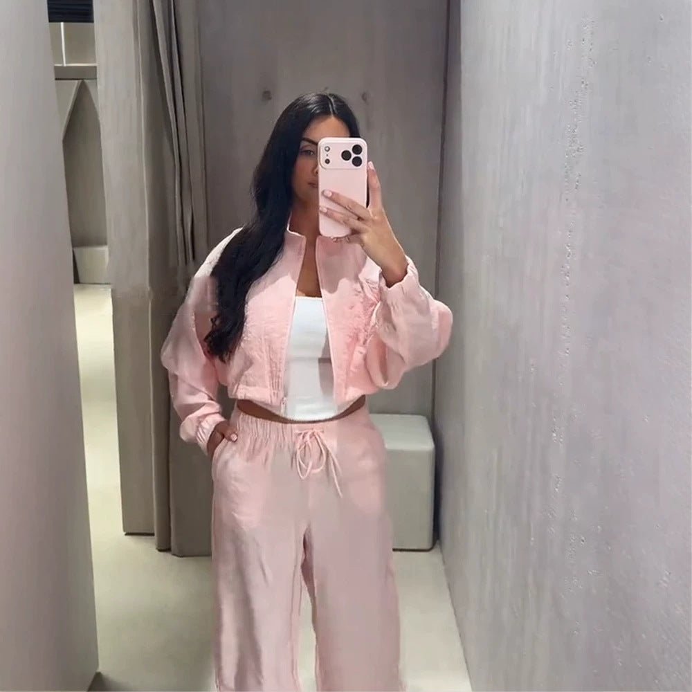Women’s Casual Satin Tracksuit with Short Zipper Top & Wide Drawstring Pants Chichicherry - Chichicherry