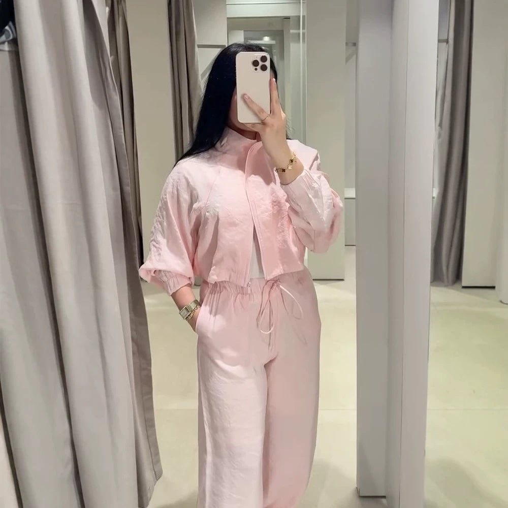 Women’s Casual Satin Tracksuit with Short Zipper Top & Wide Drawstring Pants Chichicherry - Chichicherry