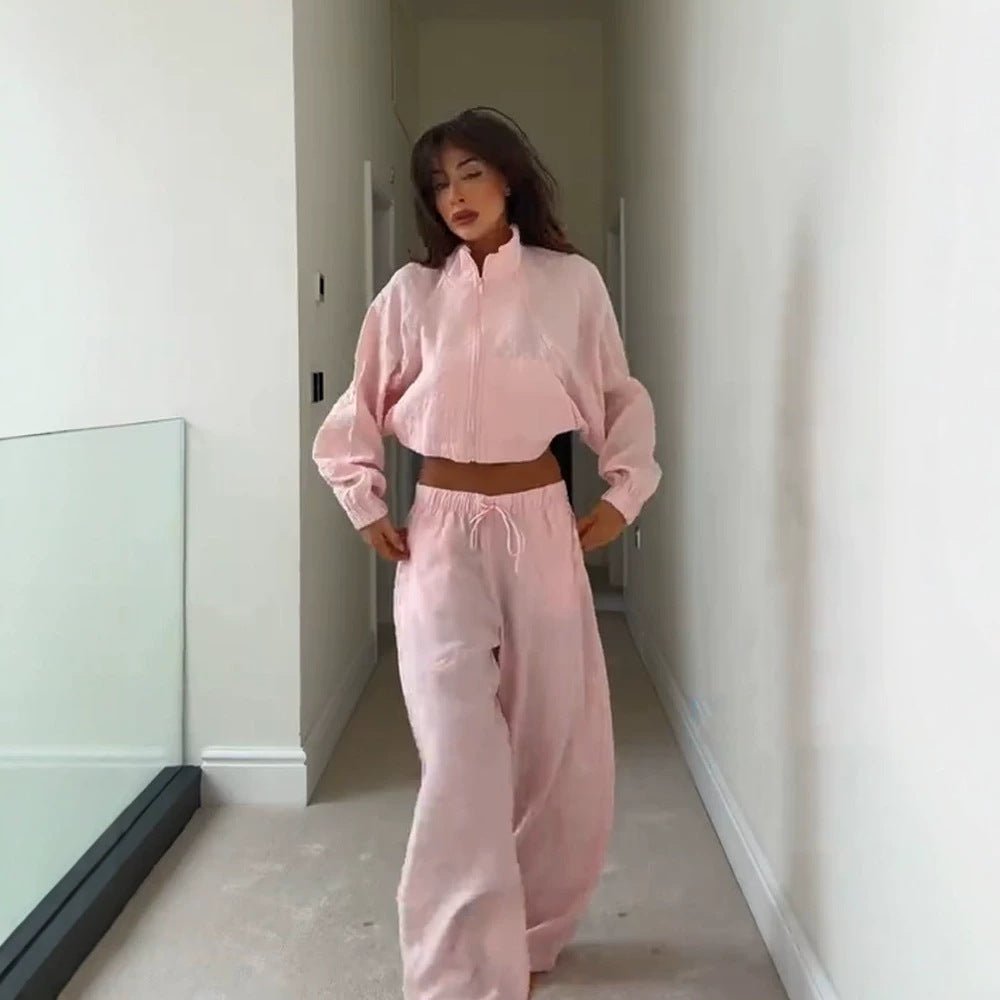 Women’s Casual Satin Tracksuit with Short Zipper Top & Wide Drawstring Pants Chichicherry - Chichicherry