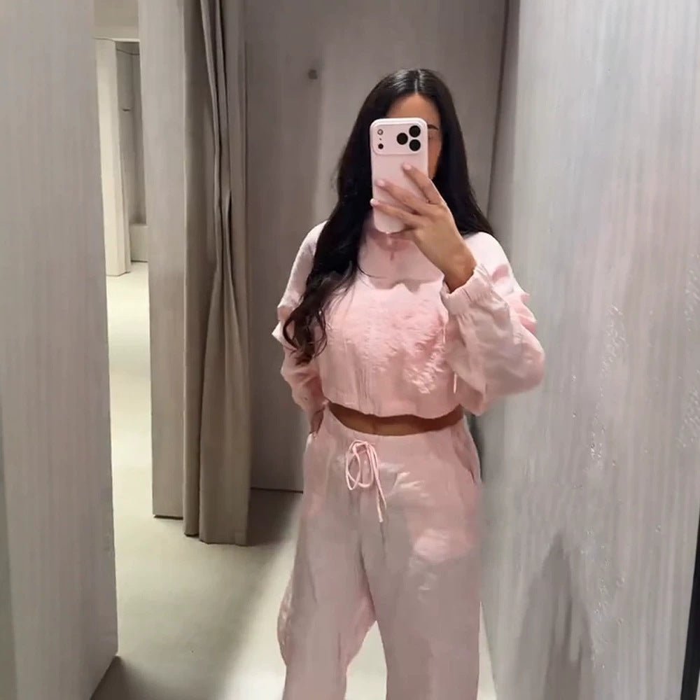 Women’s Casual Satin Tracksuit with Short Zipper Top & Wide Drawstring Pants Chichicherry - Chichicherry