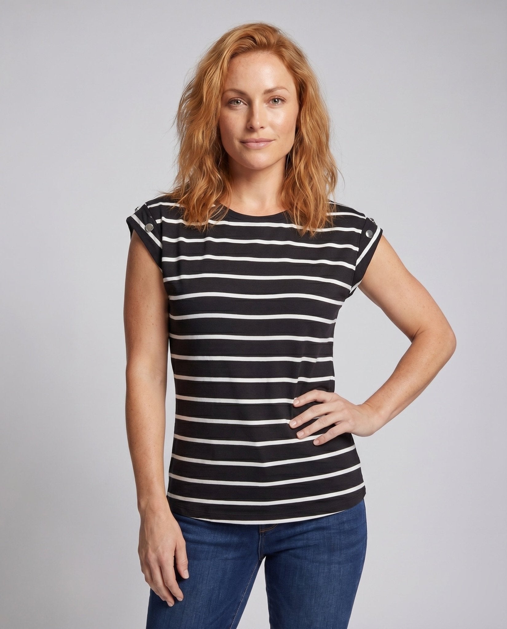 Women's casual striped top with decorative button details - Chichicherry