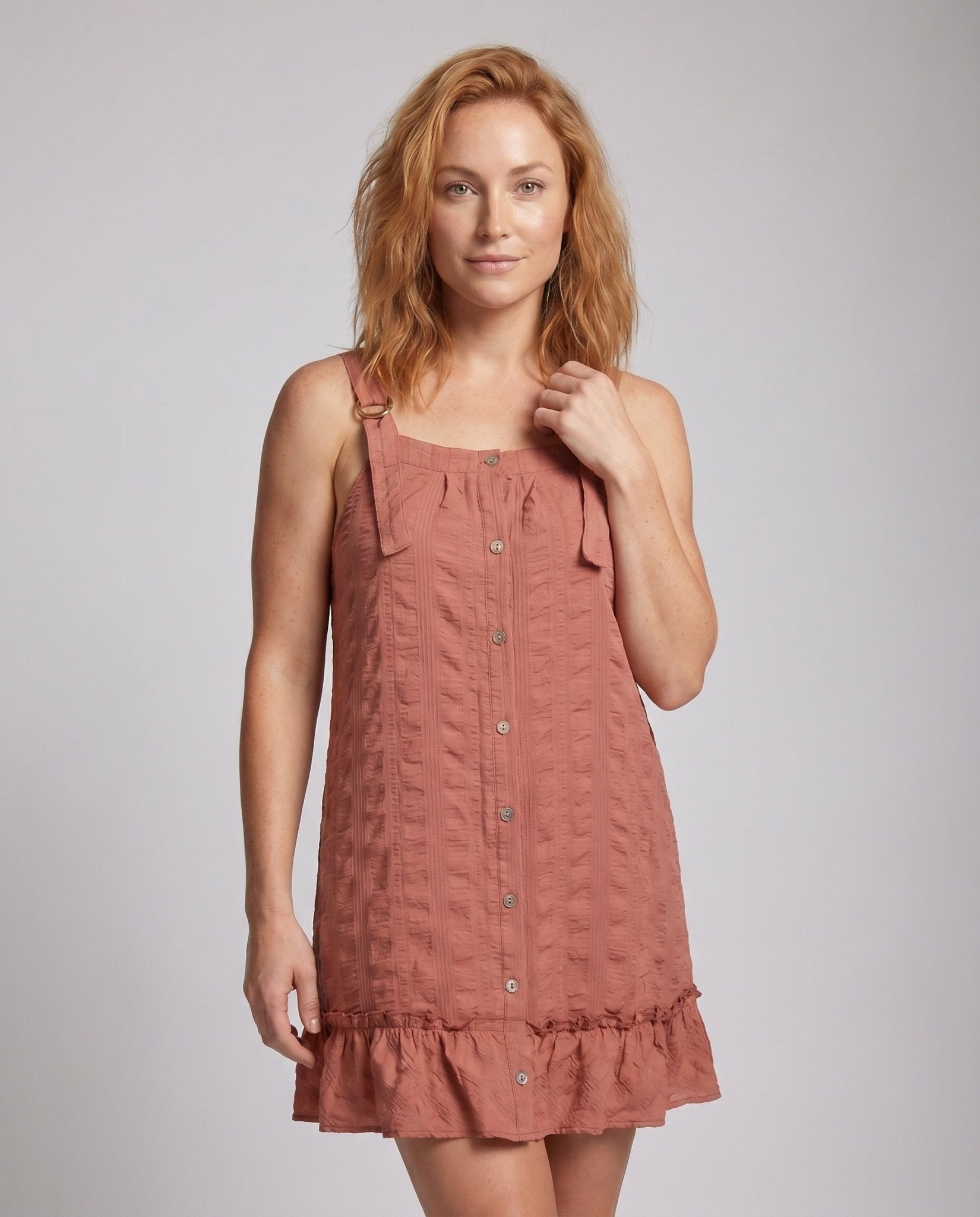 Women's Casual Summer Dress with Button Placket and Ruffle Hem - Chichicherry